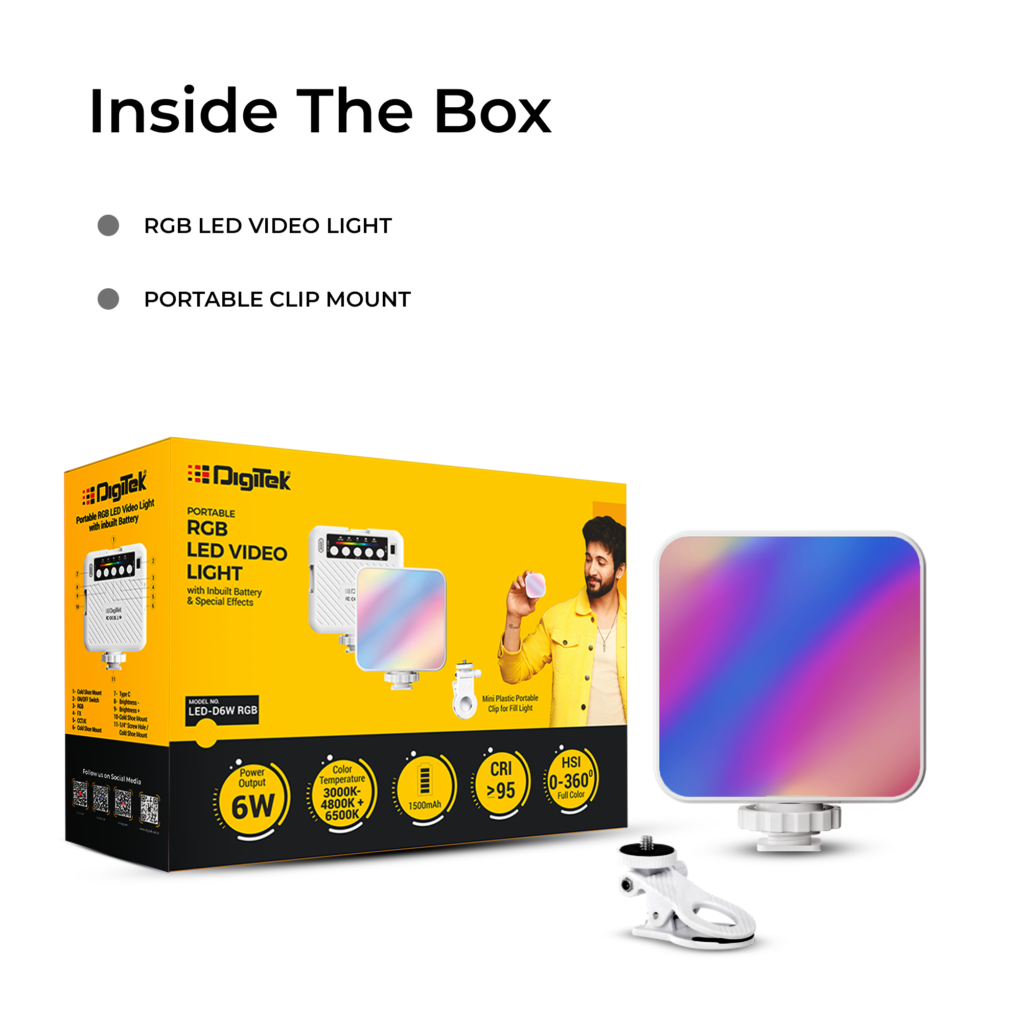 Digitek (LED-D6W RGB) Portable Mini RGB LED Video Light with inbuild Battery & 360° HSI, 3000K-6000K, 8-Level Control, 9 Special FX Modes, Type-C Charging, 1hr Battery, for Photography & Videoshoots