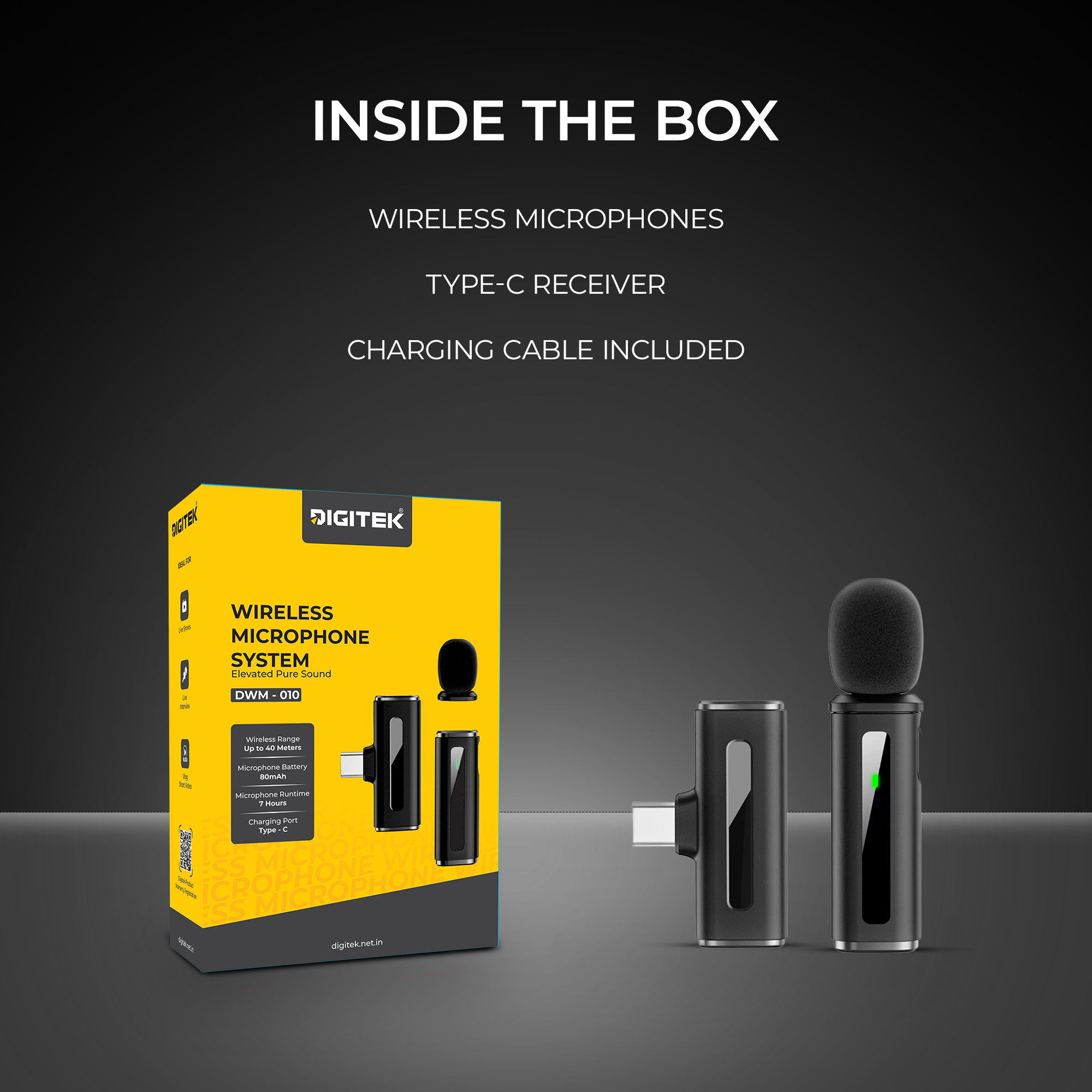 Digitek (DWM 010) Wireless Microphone System with Type-C Connector, 1 Transmitters & 1 Receiver, 40m Range, Noise Cancellation, 7H Battery, 2.4GHz Low Latency Mic, Ideal for Vloggers & Creators