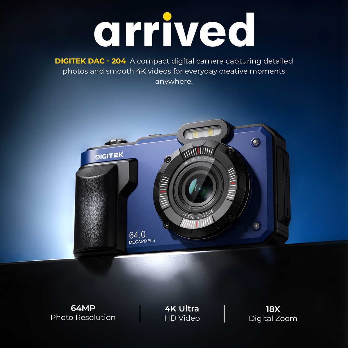 Digitek DAC-204 4K Digital Camera, 64MP Photo Resolution, 4K Ultra HD Video Recording, 2.88 Inch LCD Screen, Auto Focus, 18X Digital Zoom, WiFi Control, Slow Motion, Time-Lapse, Type-C Charging