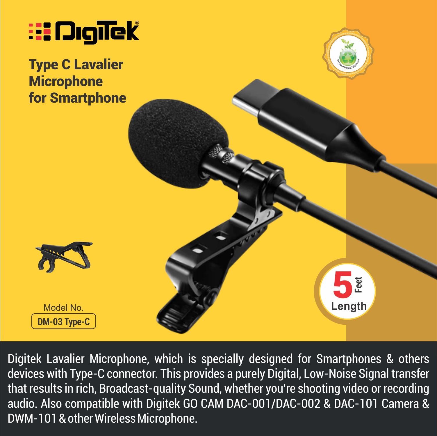 Digitek(DM-03Type-C)Lavalier Omnidirectional Microphone,Clip on Collar Microphone,Type-C Interface Connector,Low Handing Noise,Compatible with Digitek DAC – 101 & DAC-002, DIGITEK Microphone DWM-101. Also usable with Mobile Phones, Laptop, DSLR & More.