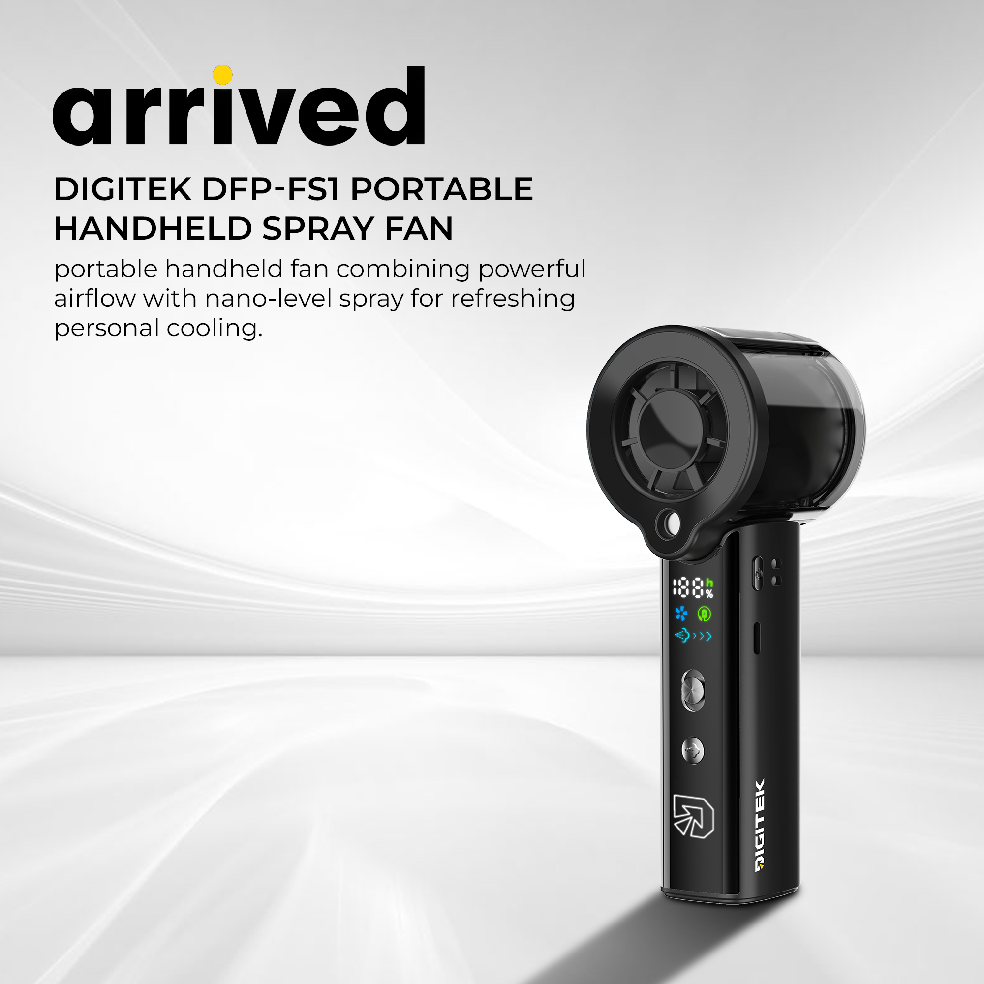 Digitek DFP-FS1 Portable Handheld Spray Fan | 7.5W Powerful Cooling | 100 Stepless Speed Levels | 3000mAh Battery | Nano Mist Spray | USB Type-C Charging, Power Bank Function & LED Display