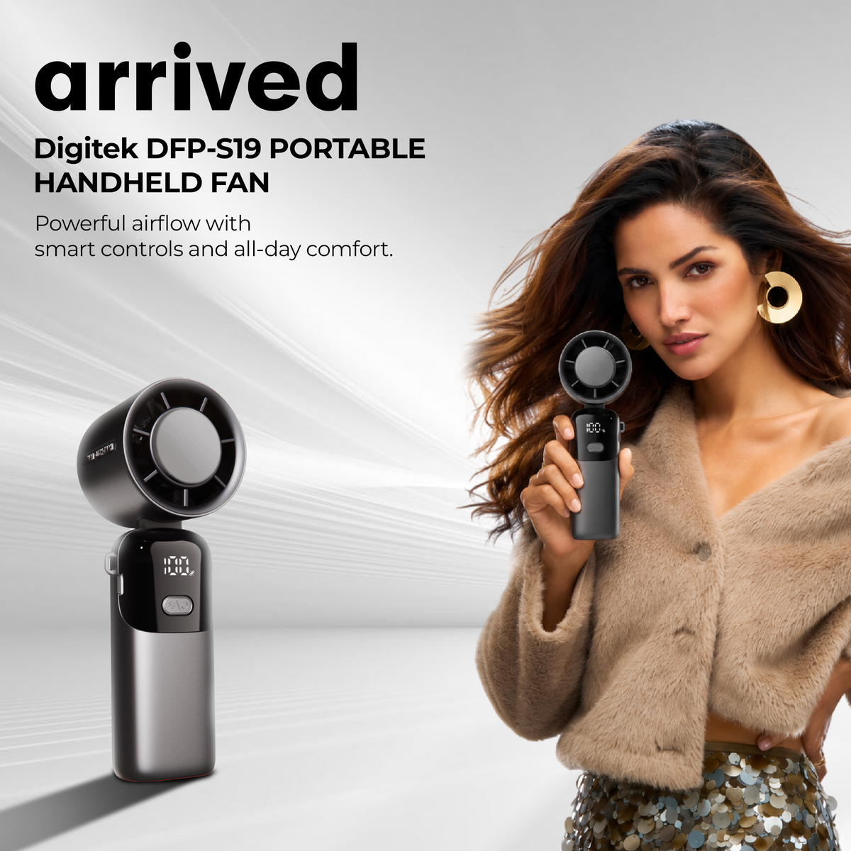 Digitek DFP-S19 Portable Handheld Fan | 5W Powerful Wind | 100 Stepless Speed Levels | 1800mAh Rechargeable Battery | LED Display | USB Type-C Charging | Foldable Handheld, Desktop & Hanging Mini Fan Grey