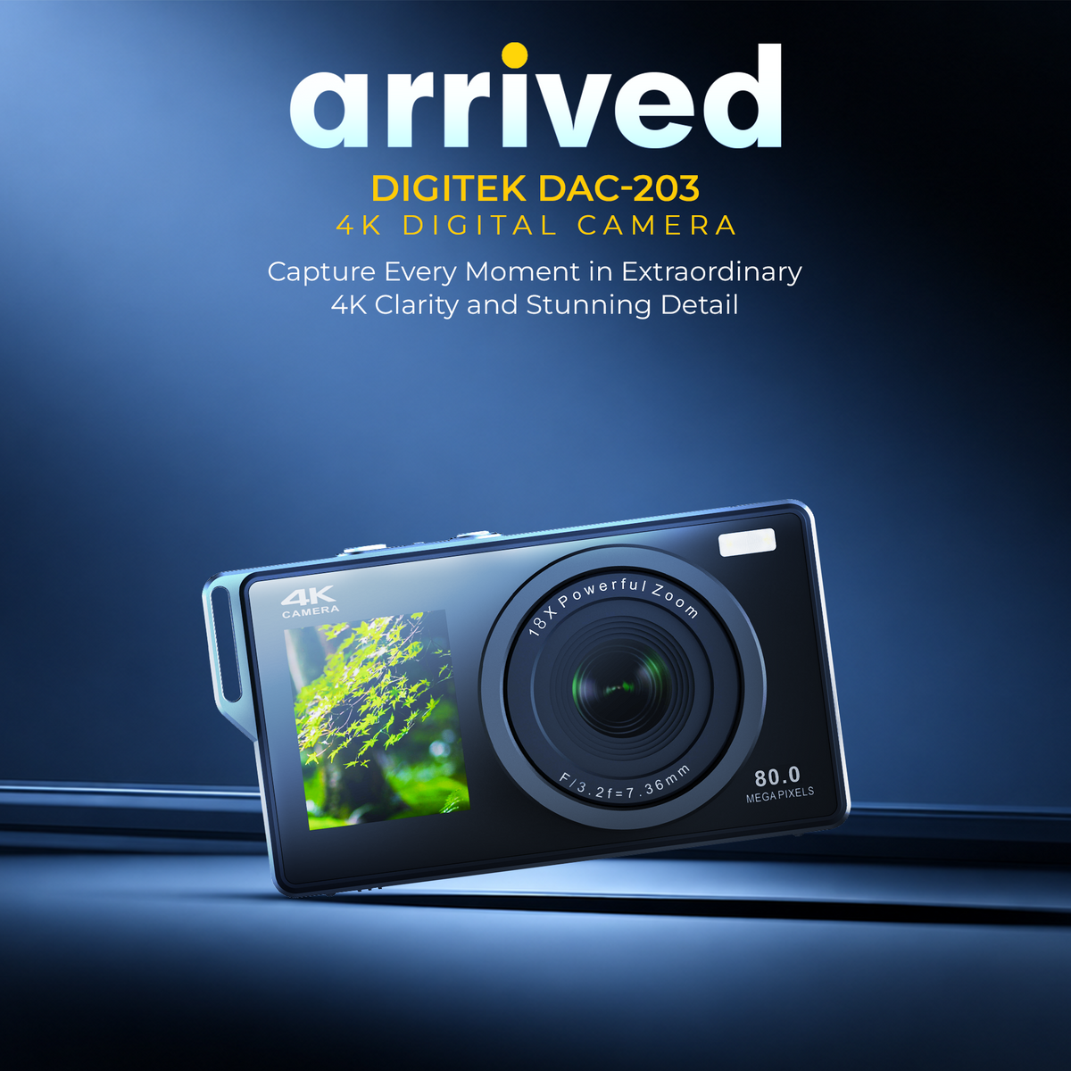 Digitek DAC-203 4K Digital Camera, 80MP Photo Resolution, 4K 30FPS Video, 18X Digital Zoom, Dual LCD Screen, 65°-100° Lens, Auto Focus, Built-in Fill Light, WiFi Connectivity, Type-C Charging
