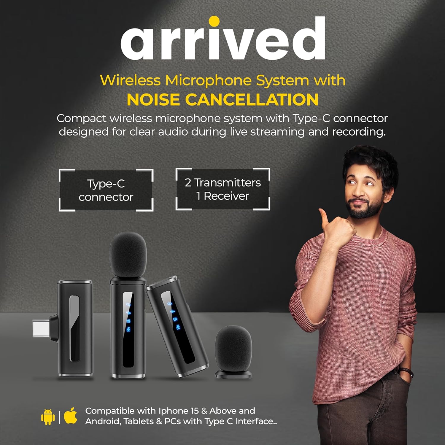 Digitek (DWM 014) Wireless Microphone System with Type-C Connector, 2 Transmitters & 1 Receiver, 40m Range, Noise Cancellation, 7H Battery, 2.4GHz Low Latency Mic, Ideal for vloggers & creators