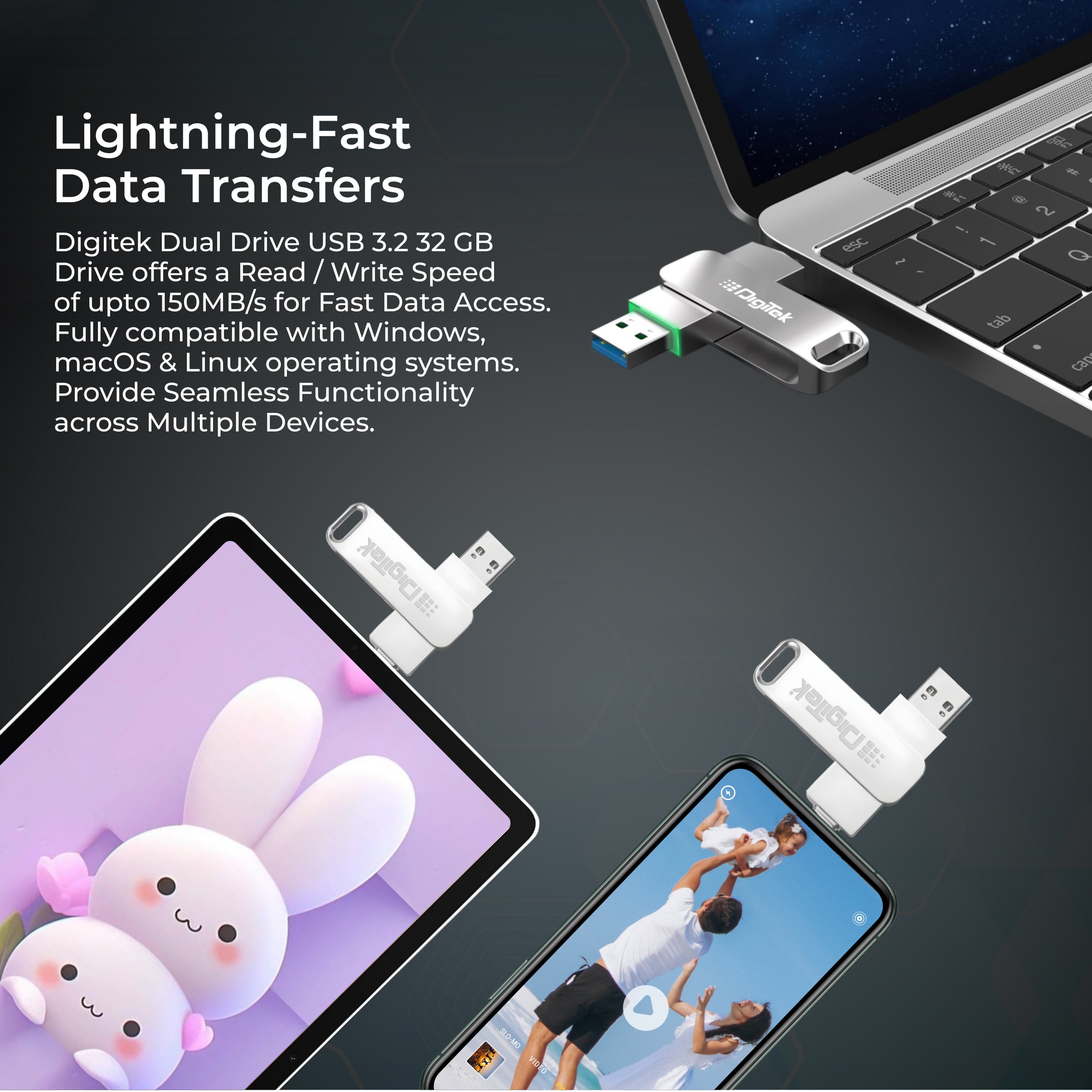 Digitek (DDUD 32G V3.0) Metal Body 32GB Storage 3.0V Dual Drive Flash Drive, USB-A & Type-C, Pen Drive, Magnetic, X-Ray & Temperature Resistant, Use with Smartphones, Tablets, Macs & USB-A Computers