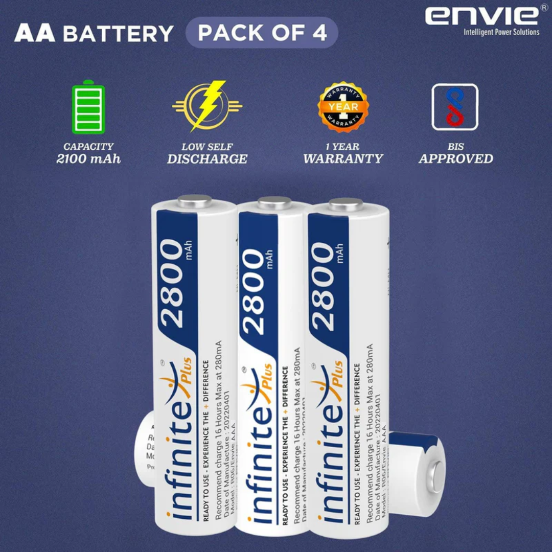 ENVIE (AA28004PL) AA Rechargeable Batteries | High Capacity Ni-MH | 2800 mAh | Low Self Discharge | Pre-Charged (Pack Of 4) (AA28004PL)