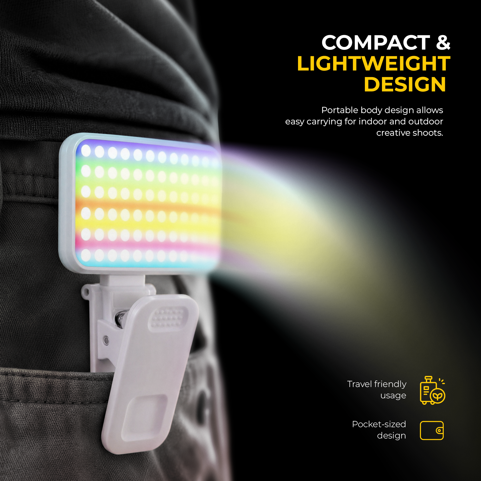 Digitek LED-D3W RGB Pocket Light, 3W Rechargeable RGB Video Light, 2700K-6500K Adjustable Color Temperature, 32 LED Beads, 23 RGB Effects, 180° Rotation, Type-C Charging for Photography, Vlogging