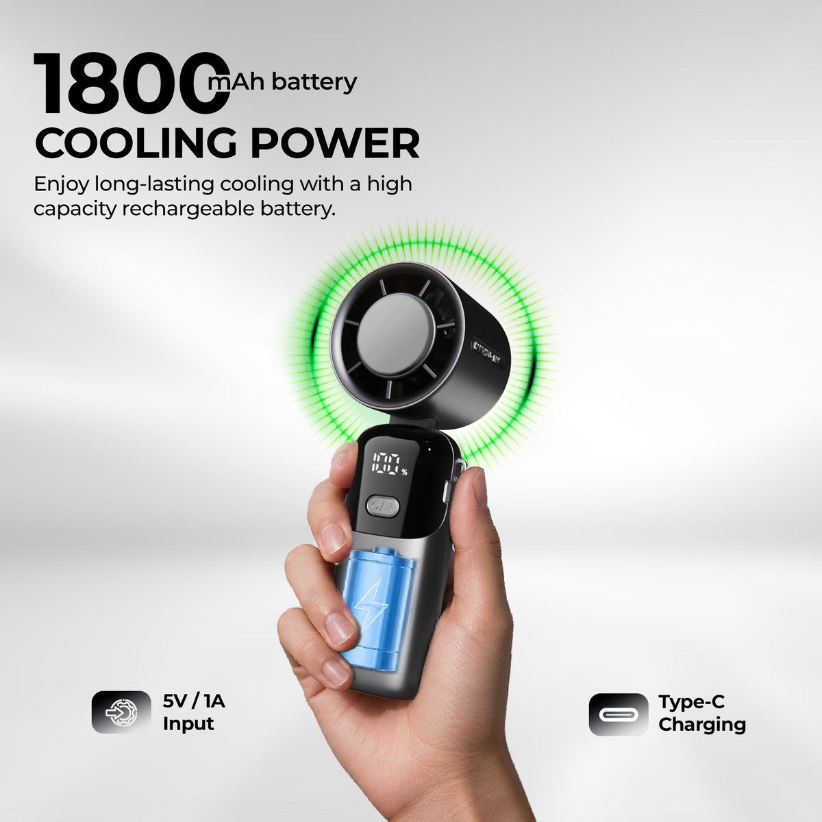 Digitek DFP-S19 Portable Handheld Fan | 5W Powerful Wind | 100 Stepless Speed Levels | 1800mAh Rechargeable Battery | LED Display | USB Type-C Charging | Foldable Handheld, Desktop & Hanging Mini Fan Grey