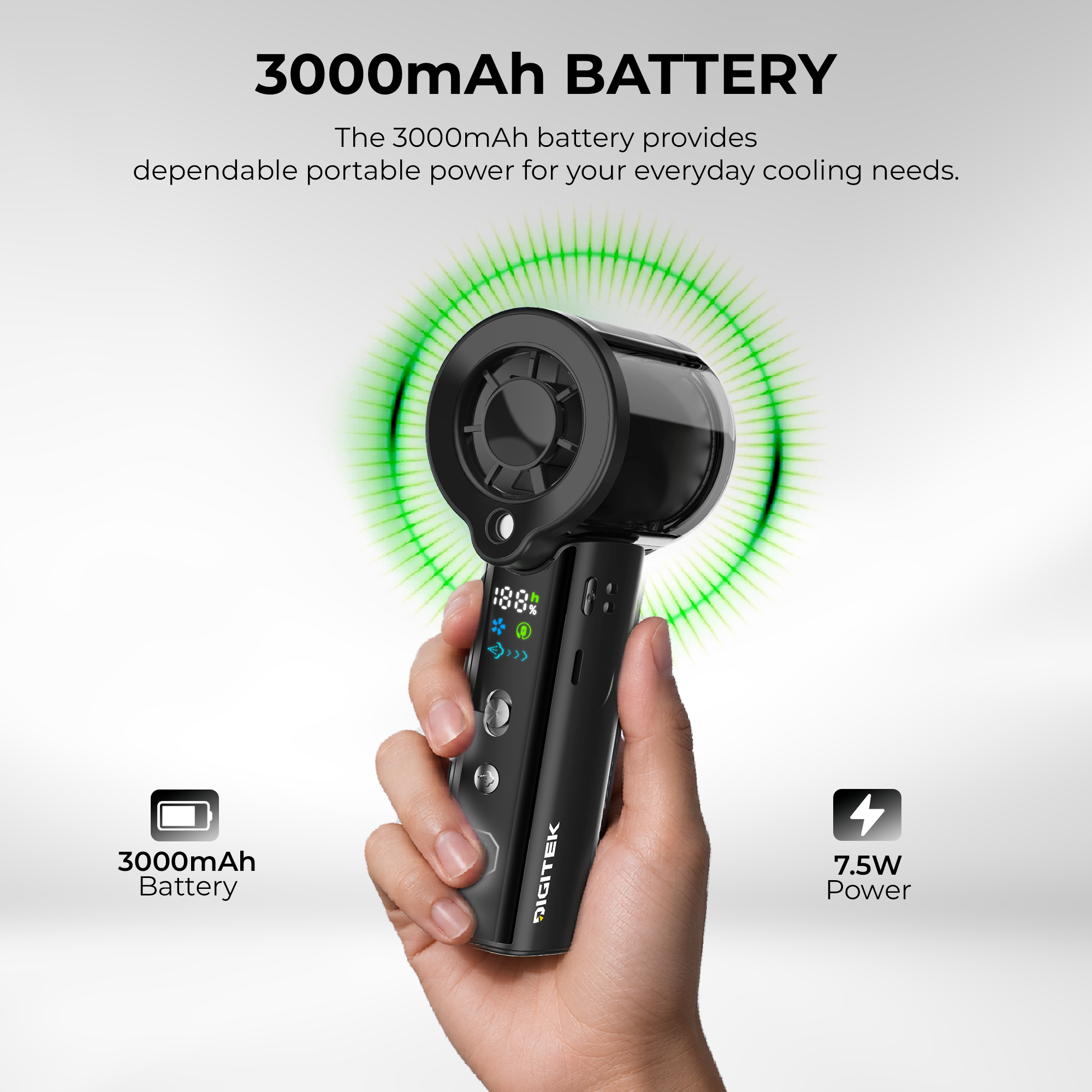 Digitek DFP-FS1 Portable Handheld Spray Fan | 7.5W Powerful Cooling | 100 Stepless Speed Levels | 3000mAh Battery | Nano Mist Spray | USB Type-C Charging, Power Bank Function & LED Display