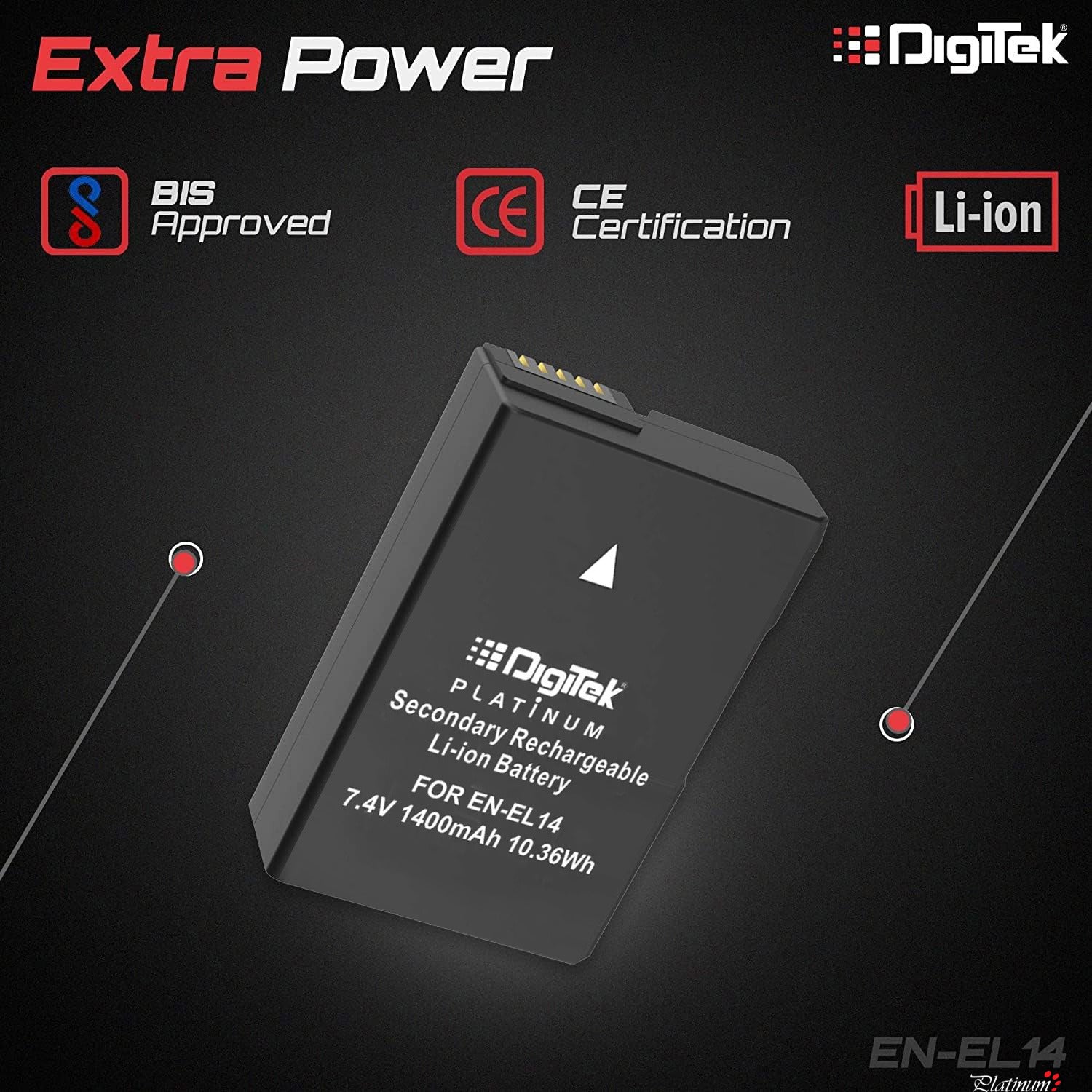 Digitek (ENEL14 Platinum) 1400 mAh Secondary Rechargeable Battery Packs for Digital Camera . Compatiable With Nikon D3100 D3200 D3300 D3400 D3500 D5100 D5200 D5300 D5500 D5600 & COOLPIX P7000 P7100 P7700 & P7800. - Digitek