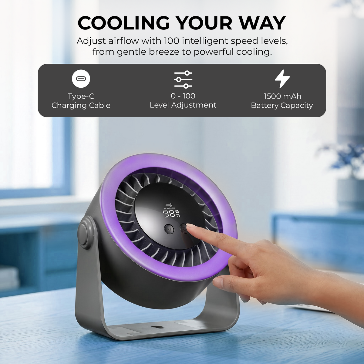 Digitek DPF-01 Portable Rechargeable Desk Fan, 5 Speed Levels, 360° Adjustable Airflow, 2000mAh Battery, Type-C Fast Charging, LED Battery Indicator, Compact USB Fan for Home, Office & Travel