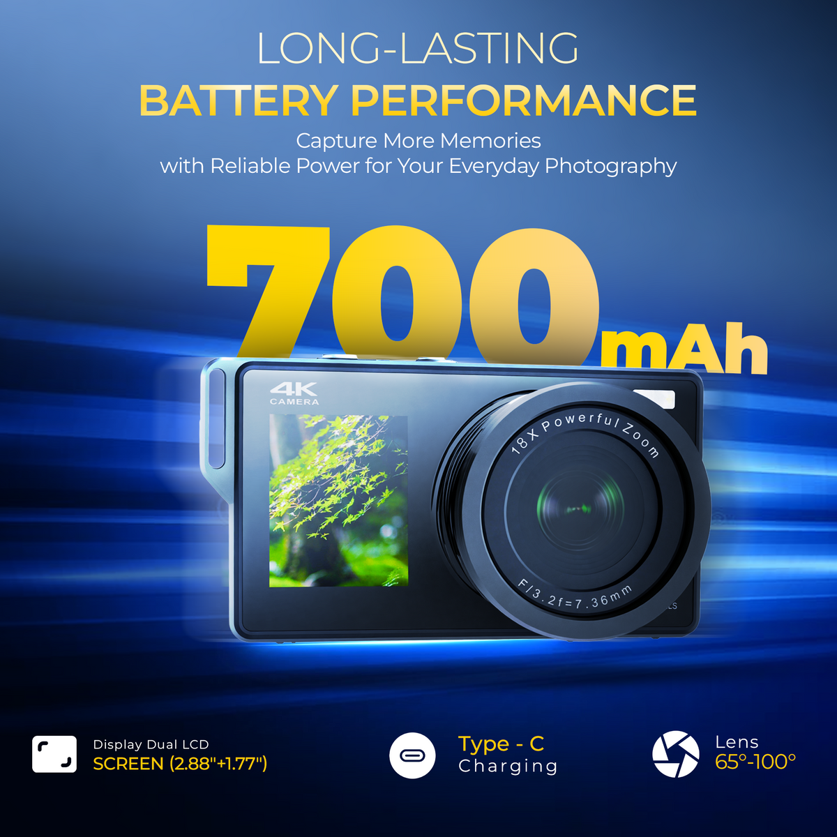 Digitek DAC-203 4K Digital Camera, 80MP Photo Resolution, 4K 30FPS Video, 18X Digital Zoom, Dual LCD Screen, 65°-100° Lens, Auto Focus, Built-in Fill Light, WiFi Connectivity, Type-C Charging