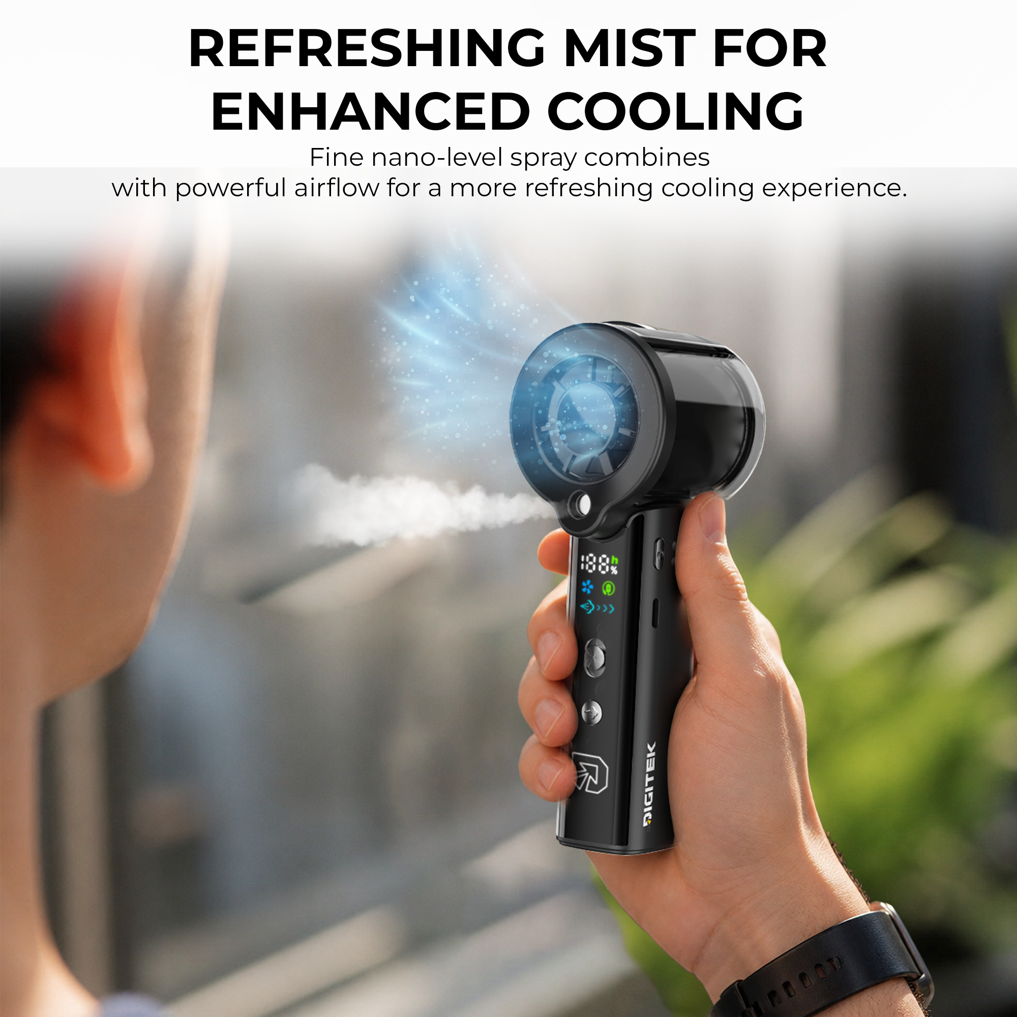 Digitek DFP-FS1 Portable Handheld Spray Fan | 7.5W Powerful Cooling | 100 Stepless Speed Levels | 3000mAh Battery | Nano Mist Spray | USB Type-C Charging, Power Bank Function & LED Display
