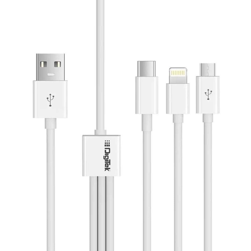 Digitek Lightning Cable 2 A 1 m DC1M 3-1 New (Compatible with iPhone, Type C compatible mobile, Micro USB compatible, White, One Cable)