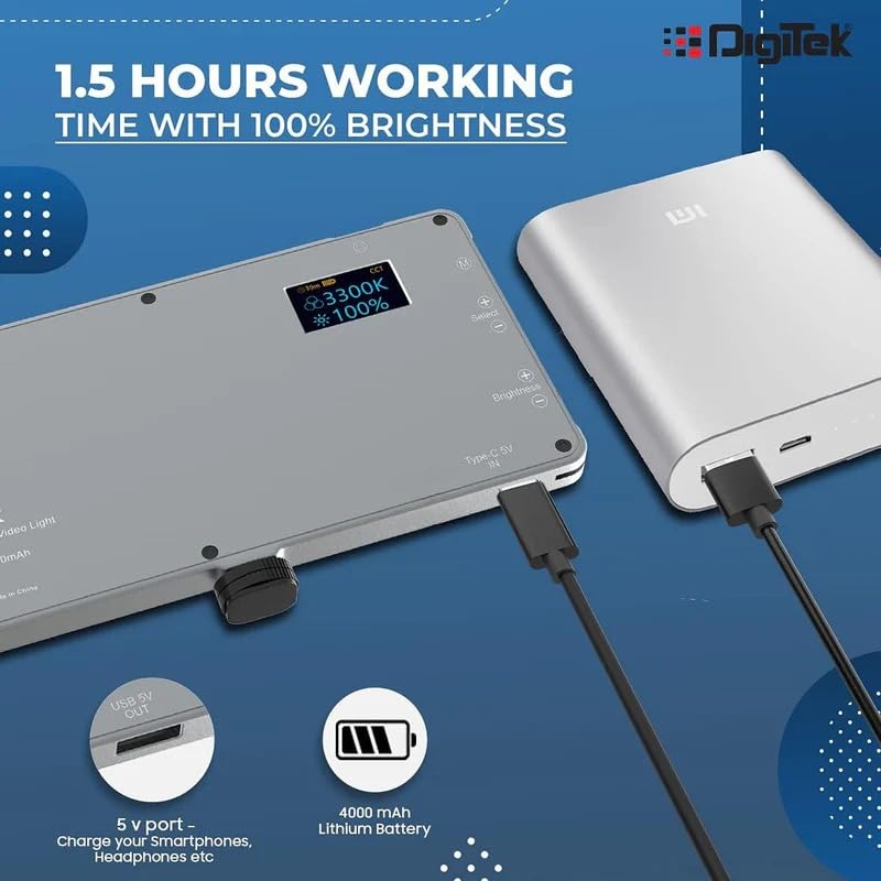 Digitek (LED D135 ML RGB) 12W Metal Body RGB LED Light with OLED Display, Adjustable Brightness & 360ยฐ Color Control, Type-C Charging, 21 Preset Effects, Multi-Scene Lighting for Photo & Video Shoots