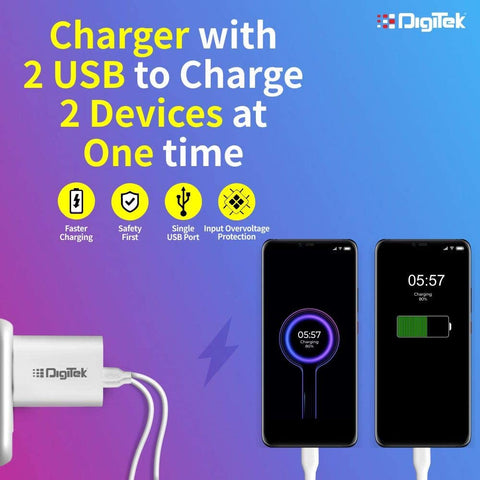 Digitek (DMC-026 LTC) Smart Fast Charger 2.4A Dual USB Adapter for Smartphone with 8 Pin USB Cable 2.4A