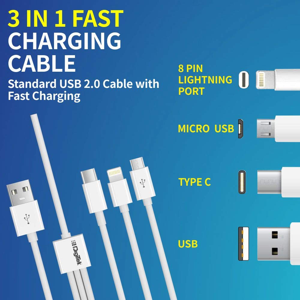 Digitek Lightning Cable 2 A 1 m DC1M 3-1 New (Compatible with iPhone, Type C compatible mobile, Micro USB compatible, White, One Cable)