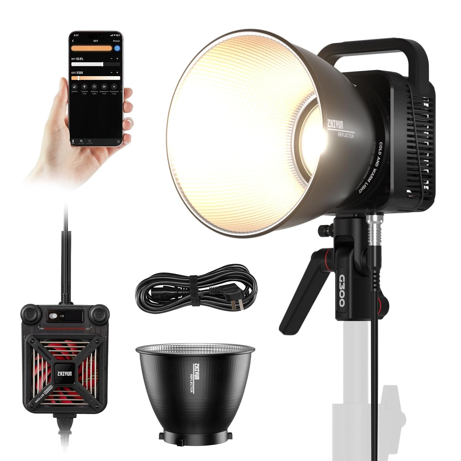 ZHIYUN MOLUS G300 [Official] 300W LED Video Light with APP Control, COB  Bi-Color Light Bowens Mount Continuous Output Lighting 2700K-6500K TLCI≥97 