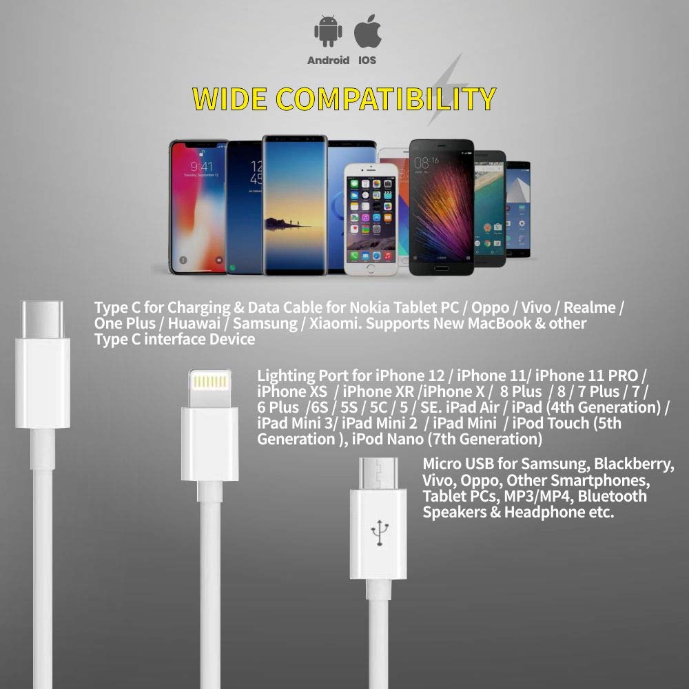 Digitek Lightning Cable 2 A 1 m DC1M 3-1 New (Compatible with iPhone, Type C compatible mobile, Micro USB compatible, White, One Cable)