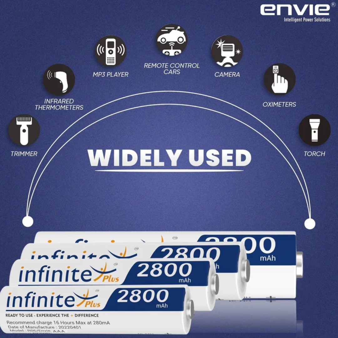 ENVIE (AA28004PL) AA Rechargeable Batteries | High Capacity Ni-MH | 2800 mAh | Low Self Discharge | Pre-Charged (Pack Of 4) (AA28004PL)