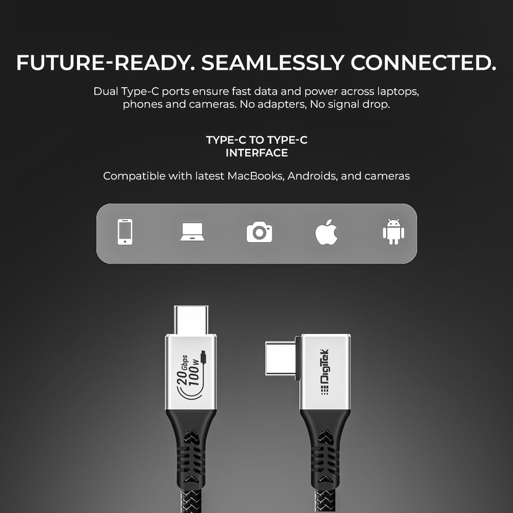 Digitek® (DC 5M-TC2C 3.2) Type-C to C Right Angle Tethering Cable, 5M Nylon Braided, 100W Fast Charging, 20Gbps Data Transfer, Bi-Directional, for Photography & Videography Applications