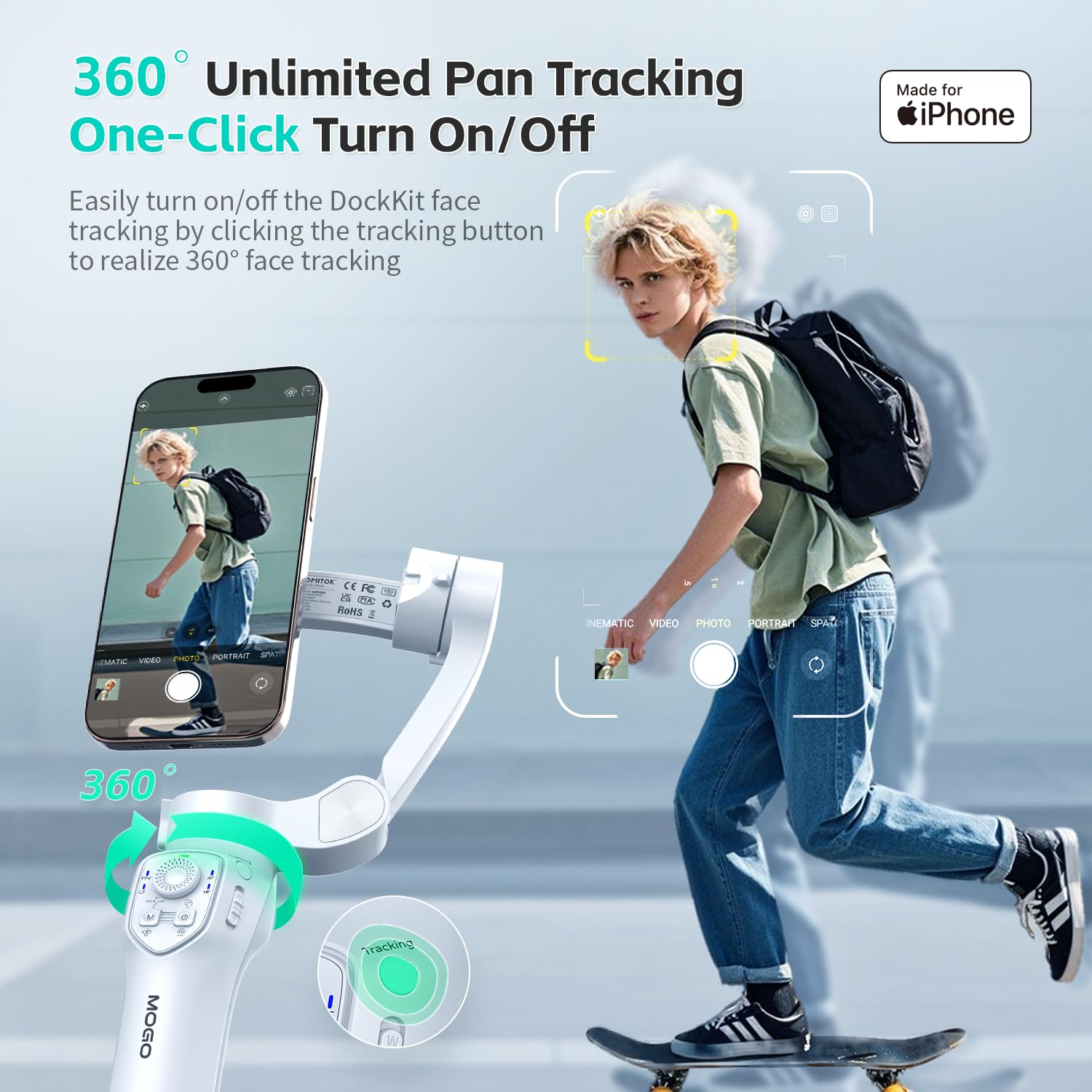 Gimbal Stabilizer for iPhone, COMITOK Cell Phone Gimbal Stabilizer with 360 Degree Smart Tracking for Video Recording and Filming, NFC Fast Pair and Magnetic Design for iPhone 16 15 Pro Max