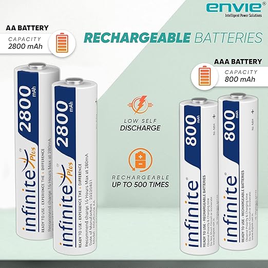 ENVIE (ECR20 2800 800 2PL) High Speed Wall Plug Charger ECR 20 for AA & AAA Ni-mh/Ni-cd Rechargeable Batteries | 2000MA Output Current | with 2 xAA2800 & 2xAAA800 Rechargeable Batteries (ECR20 2800 800 2PL)