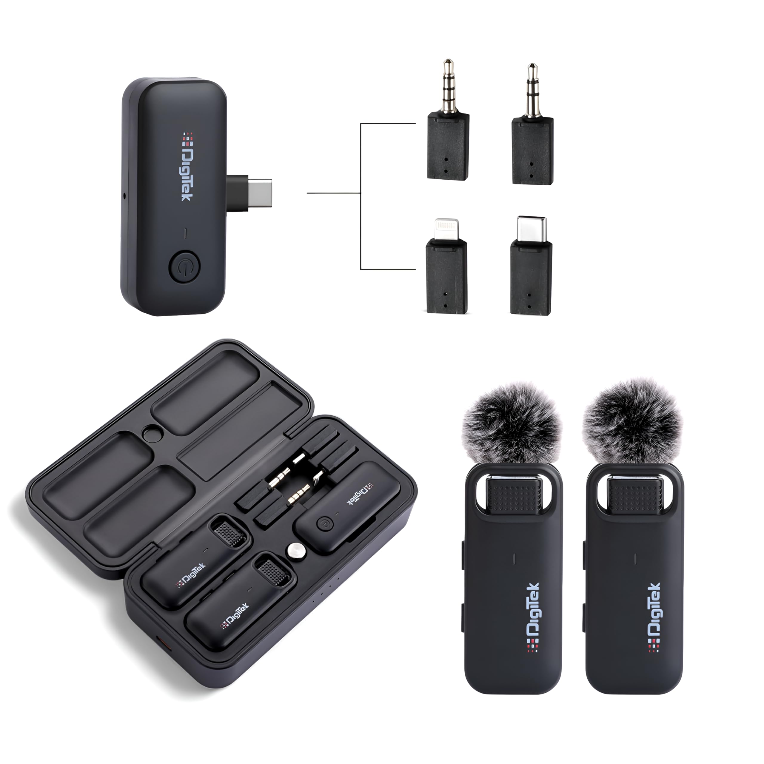 Digitek (DWM 106) 2-in-1 Wireless Microphone System, 80M Range, Noise Cancellation & Reverberation Mode, 360° Sound Capture, Lightning/Type-C/TRRS/TRS Adapter Support for DSLR/Camcorder/Android & iOS (White Color))