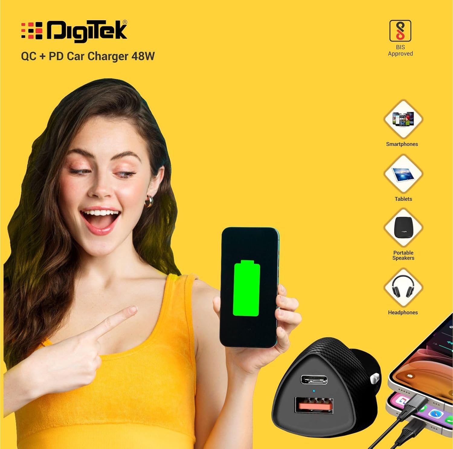 Digitek (DMC QC PD 48W) Dual Port Fast Car Charger Type-C PD & USB Charging Adapter for Cars, Charge Android & iOS Smartphones, Tablets, iPads, Earbuds, Powerbank & Laptops (Black)