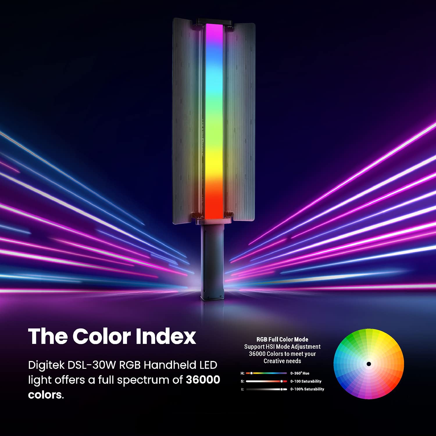 Digitek (DSL 30W RGB) Portable Handheld RGB LED Light Wand with Grid, Diffuser & Barn Door Comes with a 5200mAh Built in Battery Pack.