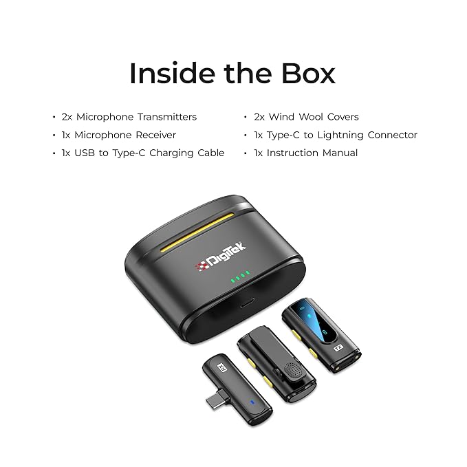 Digitek (DWM 112) 2-in-1 Wireless Microphone System, 50M Range, Noise Reduction, 7Hrs Run Time, 2.4G, Type C to Lightning, for Android / iOS, Seamless Audio Recording, Vlogging, YouTube & More