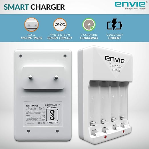 ENVIE (ECR20 2800 800 2PL) High Speed Wall Plug Charger ECR 20 for AA & AAA Ni-mh/Ni-cd Rechargeable Batteries | 2000MA Output Current | with 2 xAA2800 & 2xAAA800 Rechargeable Batteries (ECR20 2800 800 2PL)