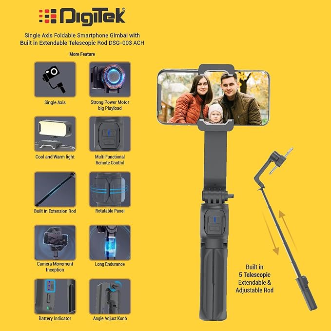 Digitek (DSG 003 ACH) Single Axis Foldable Smartphone Gimbal with Built in Extendable Telescopic Rod