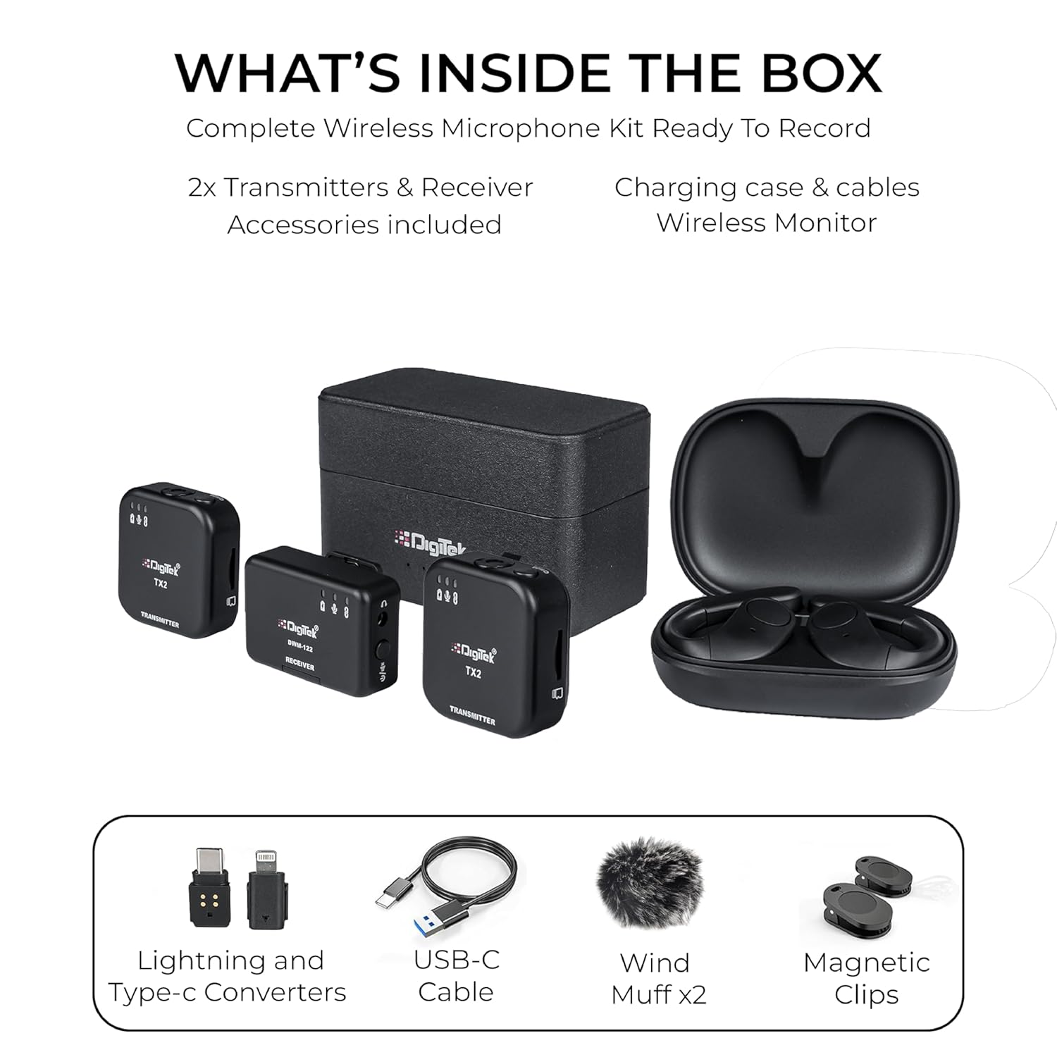 Digitek DWM 122 Wireless Microphone System with Wireless Audio Monitoring, TF Card Support, Type C & LTC Connector, 80M Range, 4.5Hr Run Time, Record with Android iOS Smartphone and DSLR for Vlogging, Interviews & Podcast