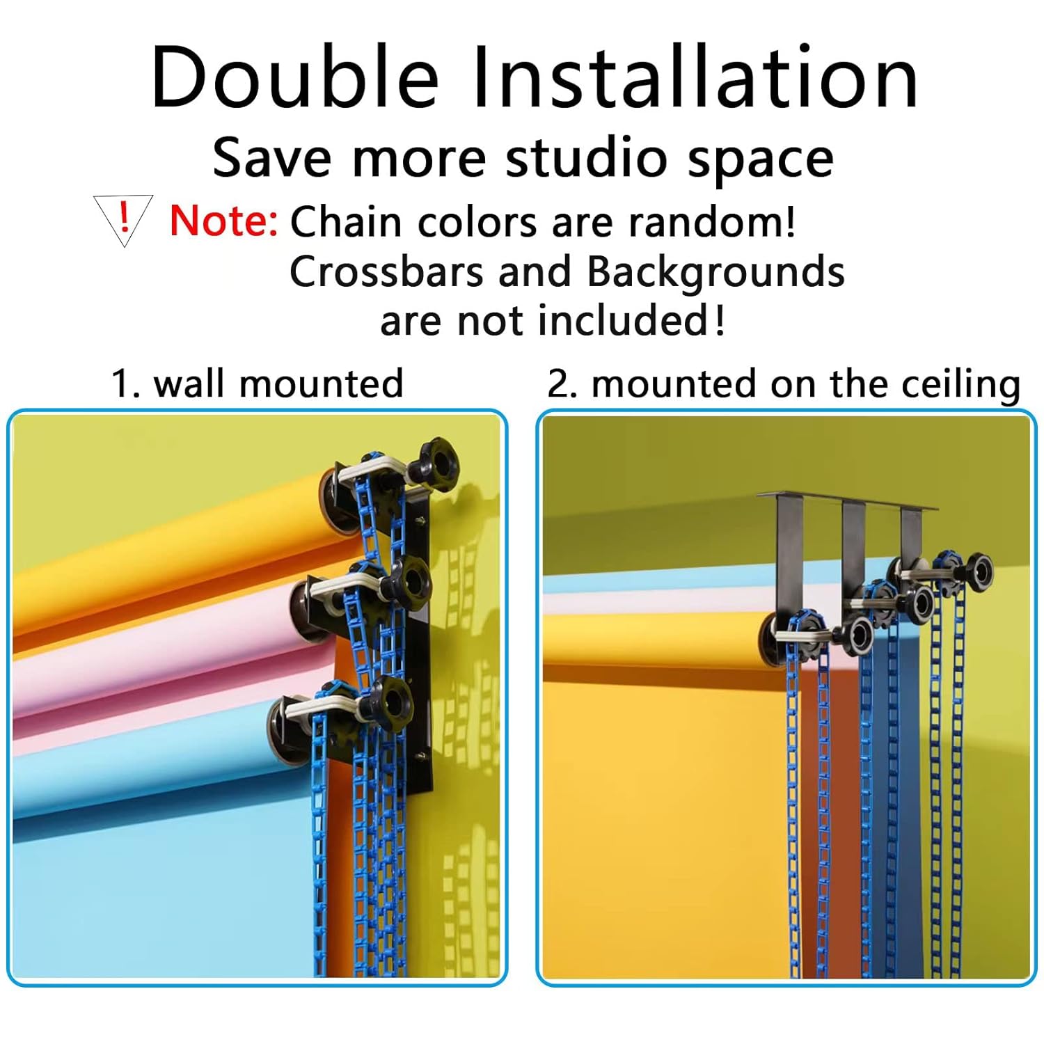 Digitek Photography Backdrop Wall Mount 3 Roller Support System, Manual Photo Background Ceiling Holder, Including 2 Tri-fold Hooks, 6 Expand Bars, 3 Chains, for Home Studio Live Stream Game Video