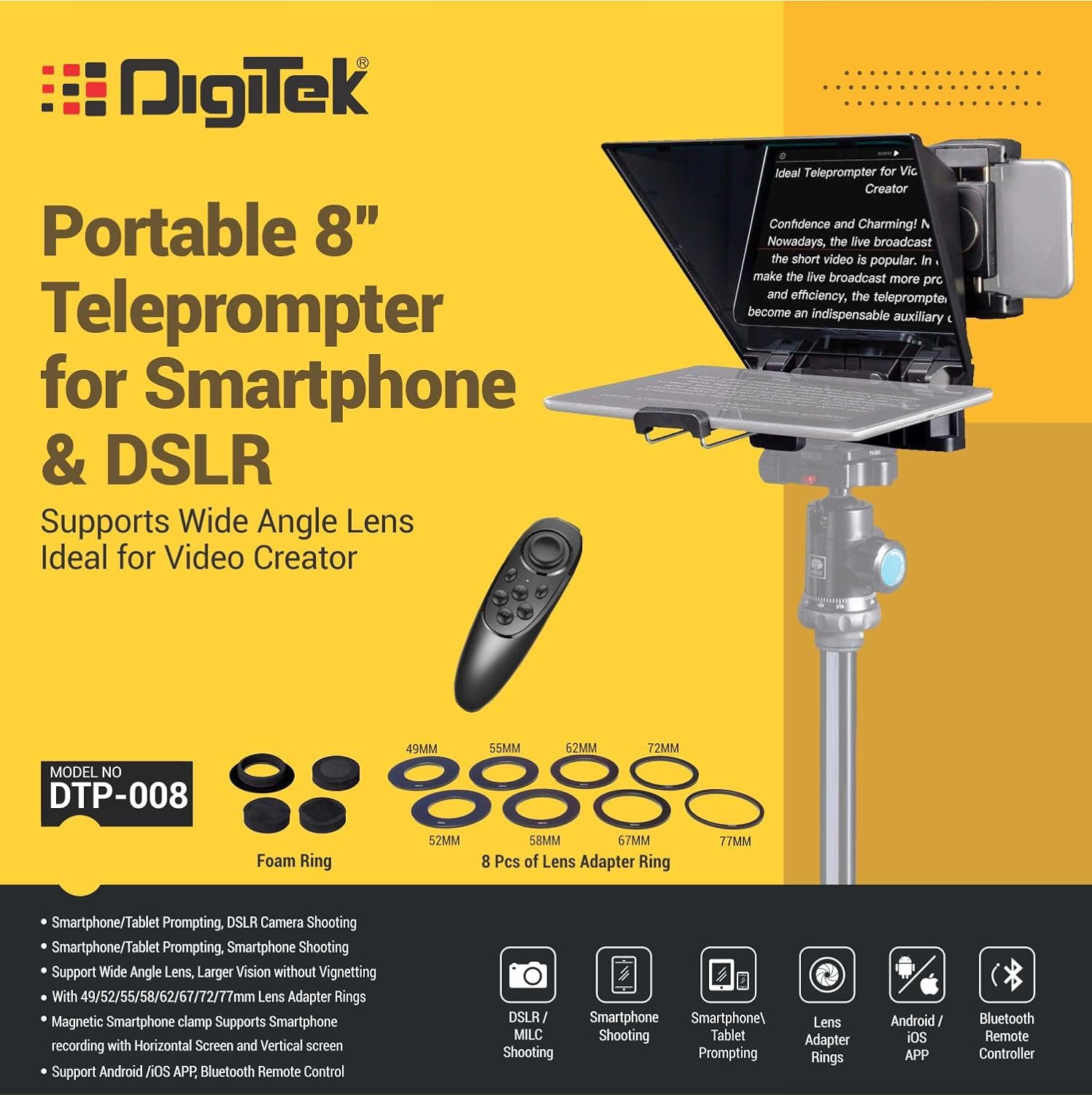 Digitek (DTP-008) 8” Digitek Teleprompter for Smartphone & DSLR Supports w/Remote Control, APP Compatible with iOS & Android System for Video Creator