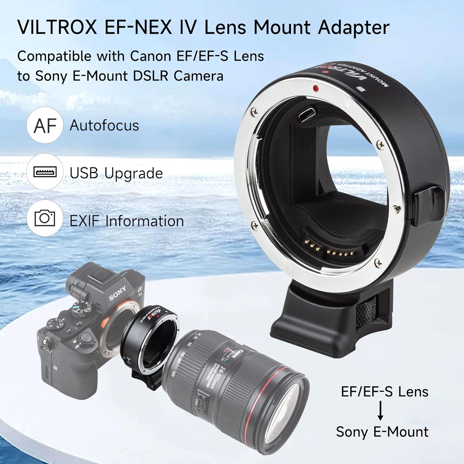 VILTROX EF-NEX IV Lens Adapter, Auto-Focus EF to E Mount Ring Lens Automatic Converter Control Ring Compatible with Canon EF/EF-S Lens to Sony E Mount Camera NEX A9II A7III A9 A7RIII A7RII A7R A7m3