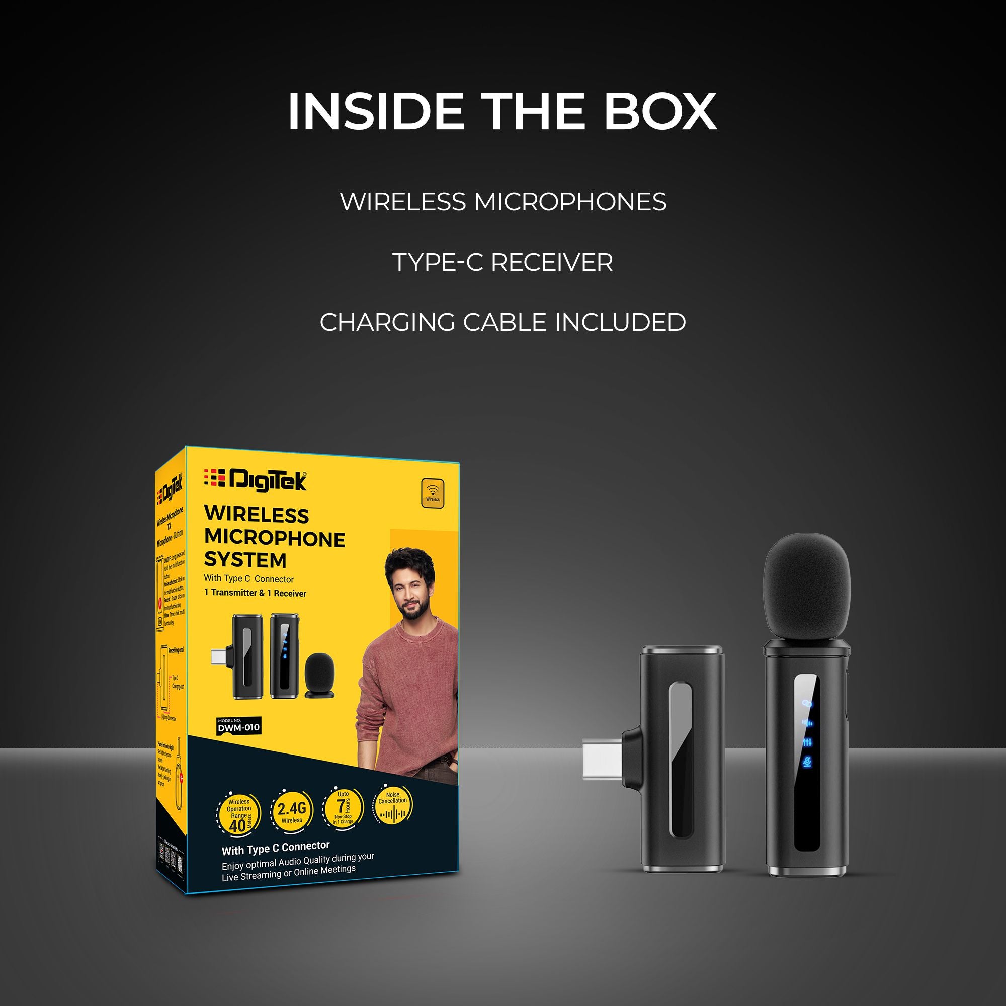 Digitek (DWM 010) Wireless Microphone System with Type-C Connector, 1 Transmitters & 1 Receiver, 40m Range, Noise Cancellation, 7H Battery, 2.4GHz Low Latency Mic, Ideal for Vloggers & Creators