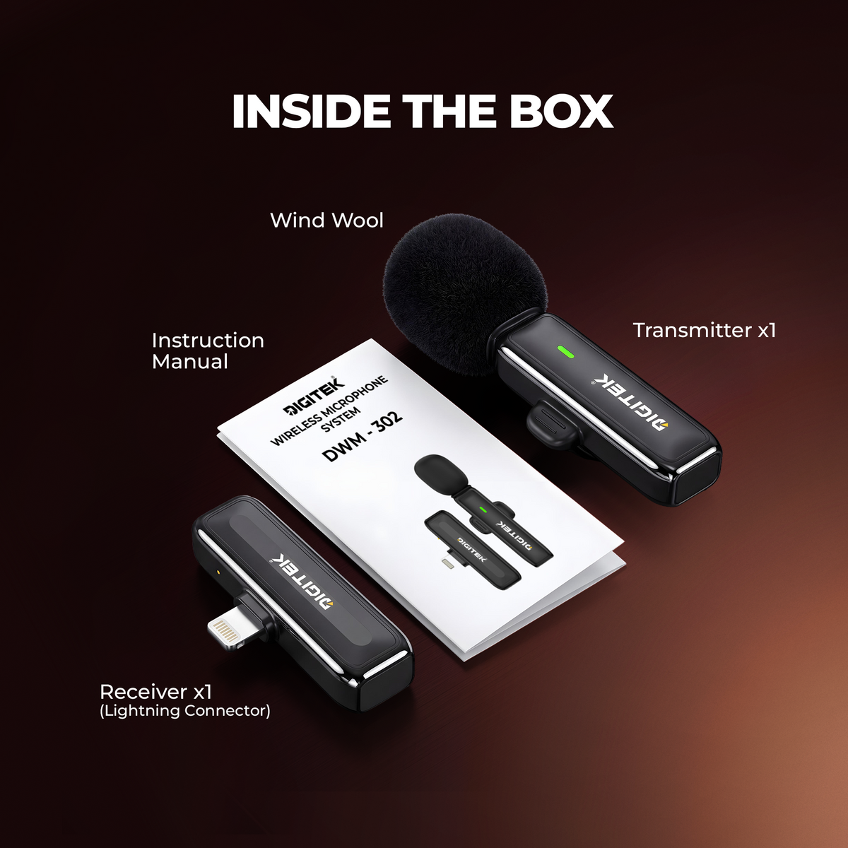Digitek DWM-302 Wireless Microphone System for iPhone with Lightning Port, 2.4GHz Wireless Lavalier Mic, ENC Noise Reduction, Plug & Play, Up to 30m Range, 5 Hours Battery, Ideal for Vlogging, Live Streaming & Interviews
