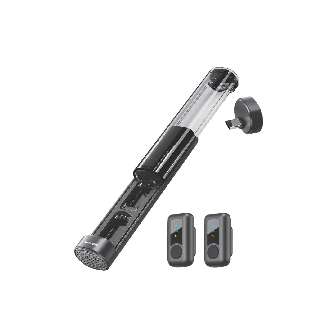 DIGITEK DWM-130 2-in-1 Wireless Microphone System with Dual Transmitters, 2.4GHz Wireless Transmission, AI Noise Reduction & Echo Mode, Up to 50m Range, Plug & Play, Charging Case, Mini Tripod & Foam Windscreen for iPhone 15+ & Type-C Devices