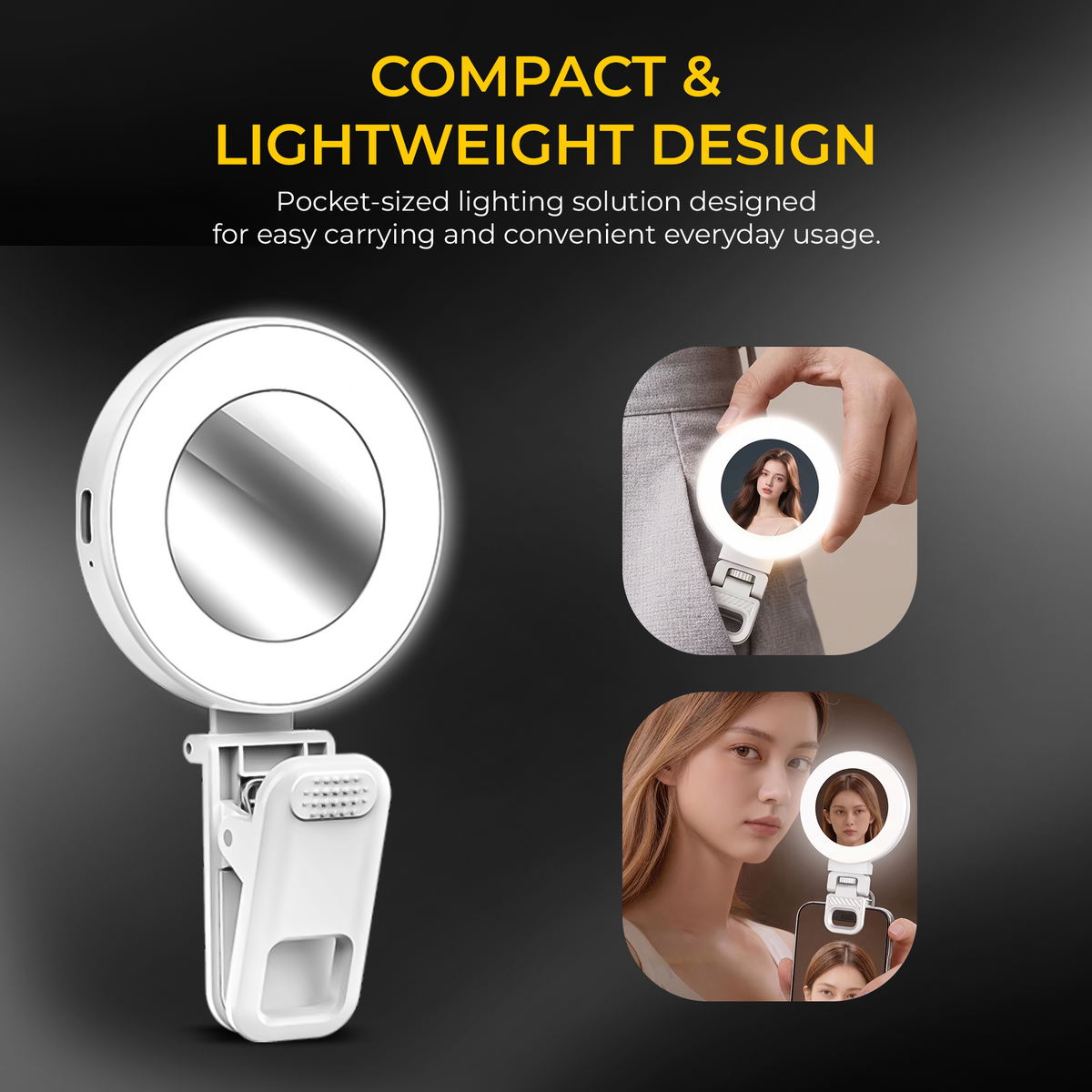 Digitek LED-D3 W Bi-Color Pocket Light with Mirror, 3W Rechargeable Selfie Light, 2700K-6500K Adjustable Color Temperature, 32 LED Beads, 180° Rotation, Type-C Charging, Clip-On Light for Makeup