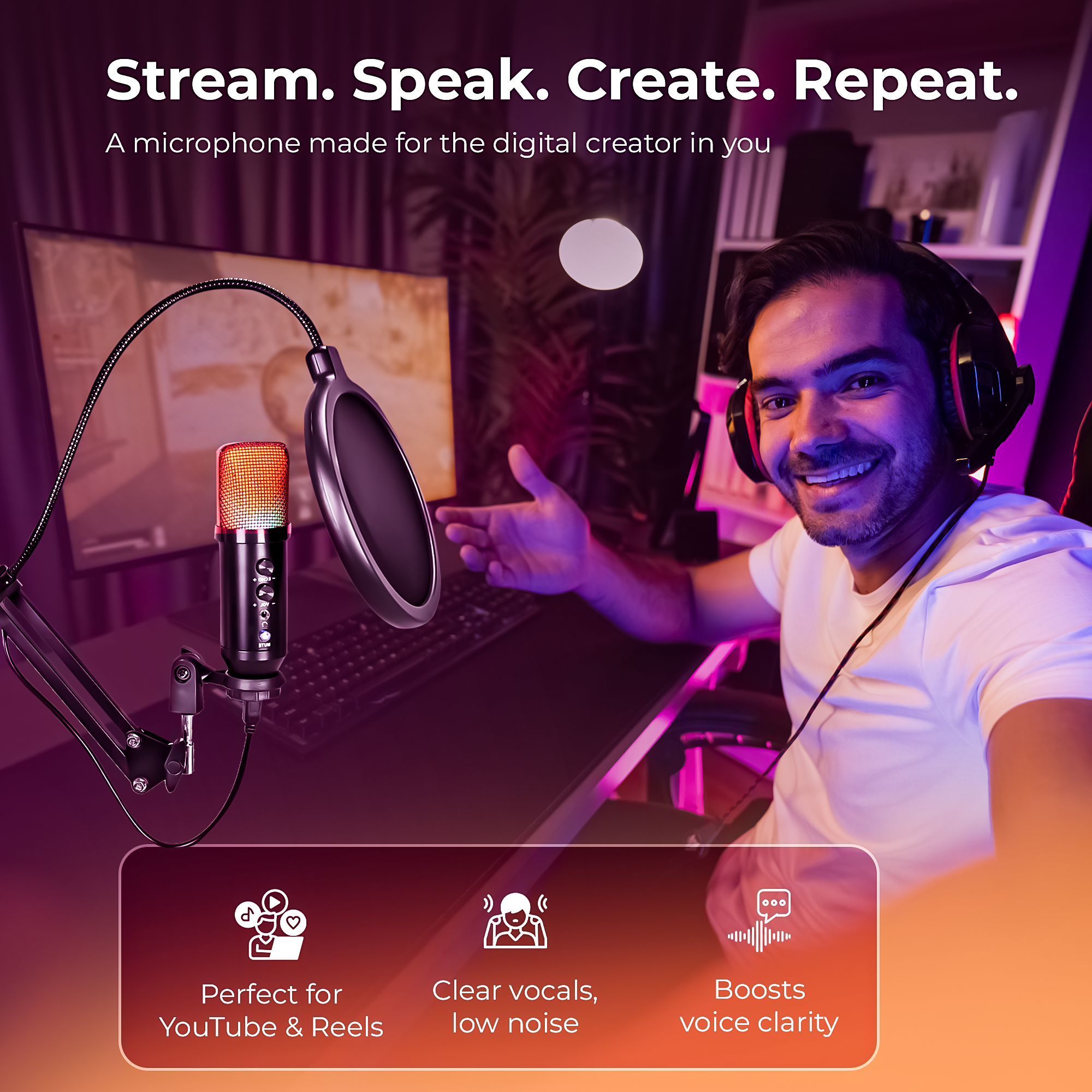 Digitek (DM 401) RGB USB Condenser Microphone Kit with BoomArm, Pop Filter, Shock Mount, Mic Cover, Desktop Mount, Tripod & 1.5M USB Cable, Compatible with PS4/PS5, Window & Mac PC/Laptop/Smartphone, for Podcasting, Gaming, Singing & Live Streaming
