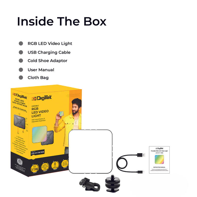 DIGITEK (LED-D11W RGB) 11W Portable Mini RGB LED Video Light with 2000mAh Battery, 21 Lighting Effects, 2500K–9900K CCT, HSI 0–360°, 120° Beam, CRI <95, 1/4" Mount, For Photography & Videography