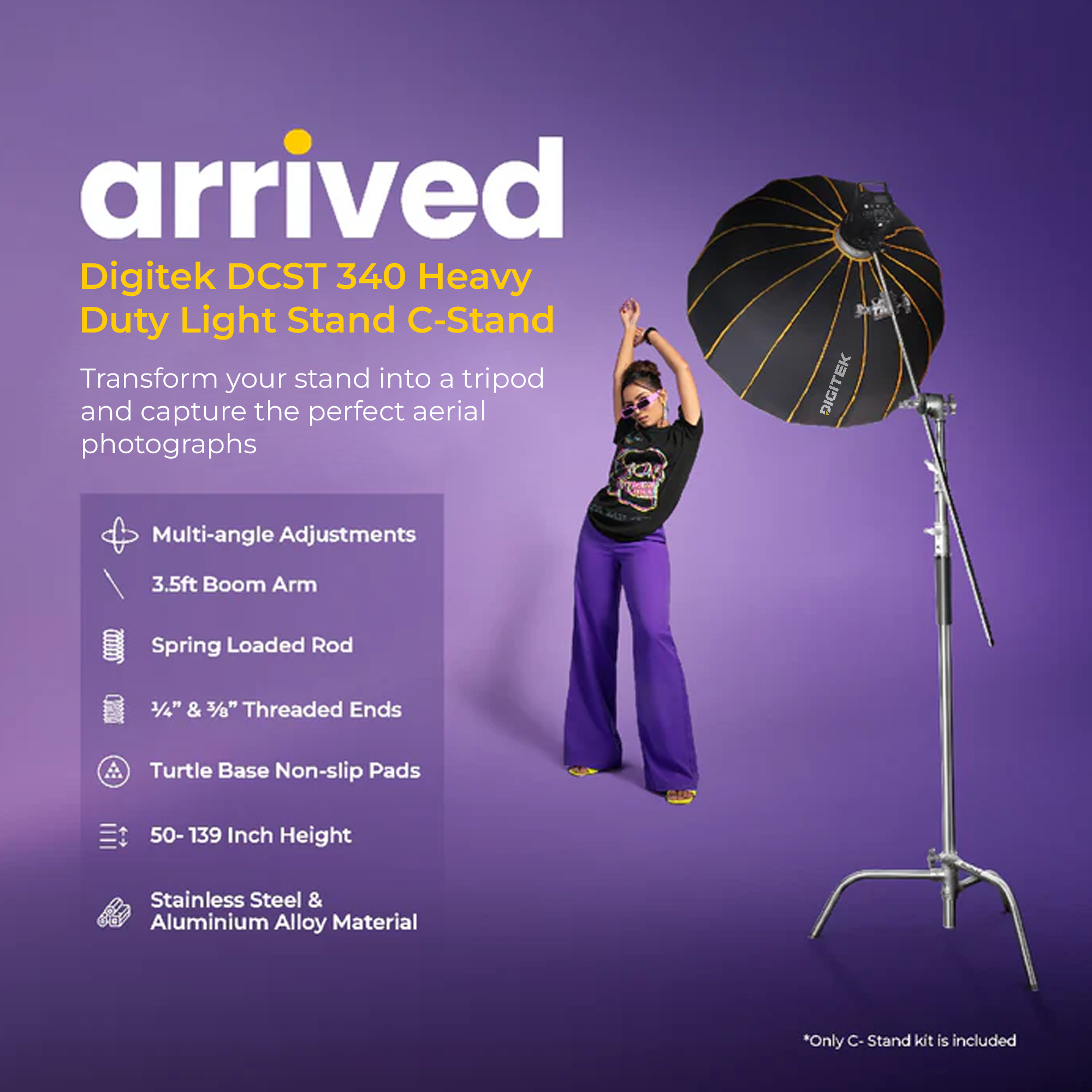 Digitek (DCST 340) Heavy Duty Light Stand C-Stand - Max. 10 Feet/3 Meters Adjustable with 3.5 Feet Holding Arm and Grip Head for Studio Video Reflector, Monolight and Other Photographic Equipment (Black)
