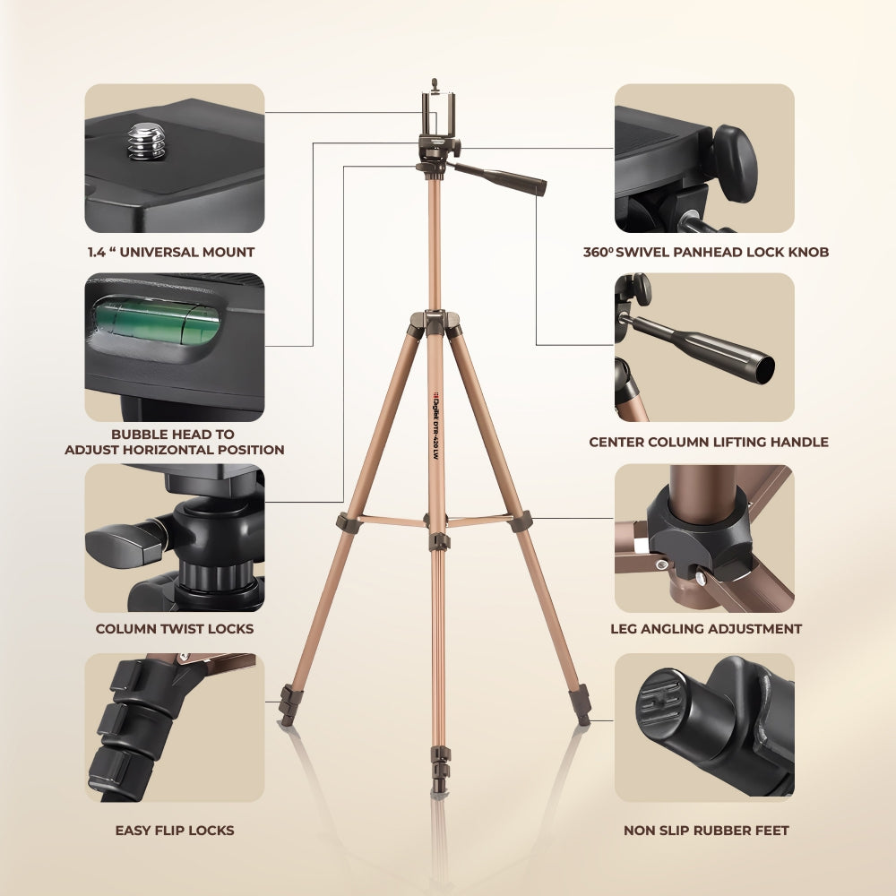 Digitek (DTR 420LW) Tripod for Camera & Smartphone with Holder – 4.26ft Max Height, 3Kg Load, 4-Section Legs, 3-Way Head, Quick Release Plate - Ideal for Photography & Videography