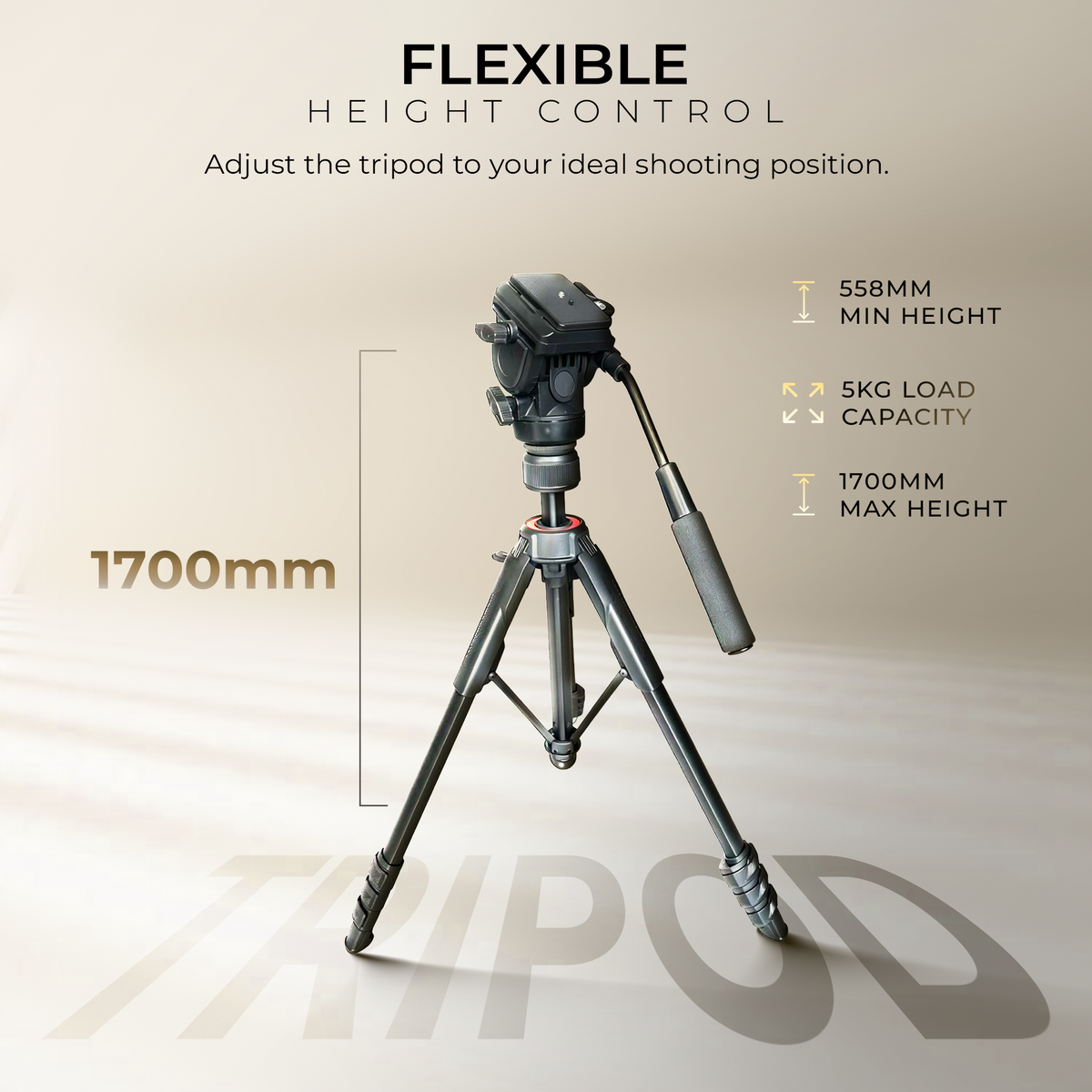 Digitek DTR-560 VD Professional Video Tripod Stand, 1700mm Height, 5kg Load Capacity, 3-Way Adjustable Pan Head, 360° Rotation, Heavy Duty Tripod for DSLR Cameras, Camcorders & Video Shooting