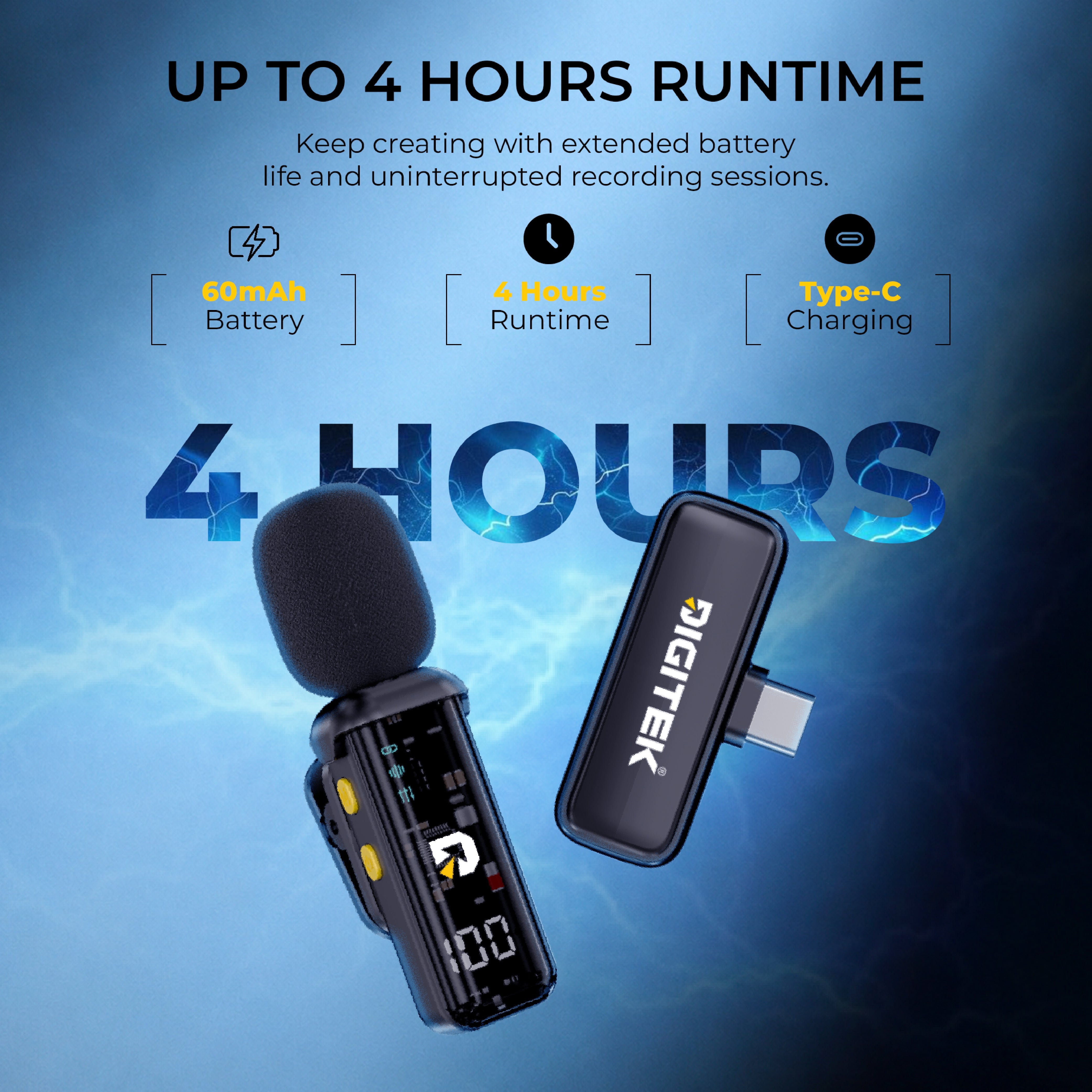 Digitek DWM-011 Wireless Microphone System for iPhone 15 Series & USB-C Android Devices, 2.4GHz Plug & Play Lavalier Mic, Noise Reduction, Echo Mode, 20m Range, 4H Battery Life, Type-C Receiver