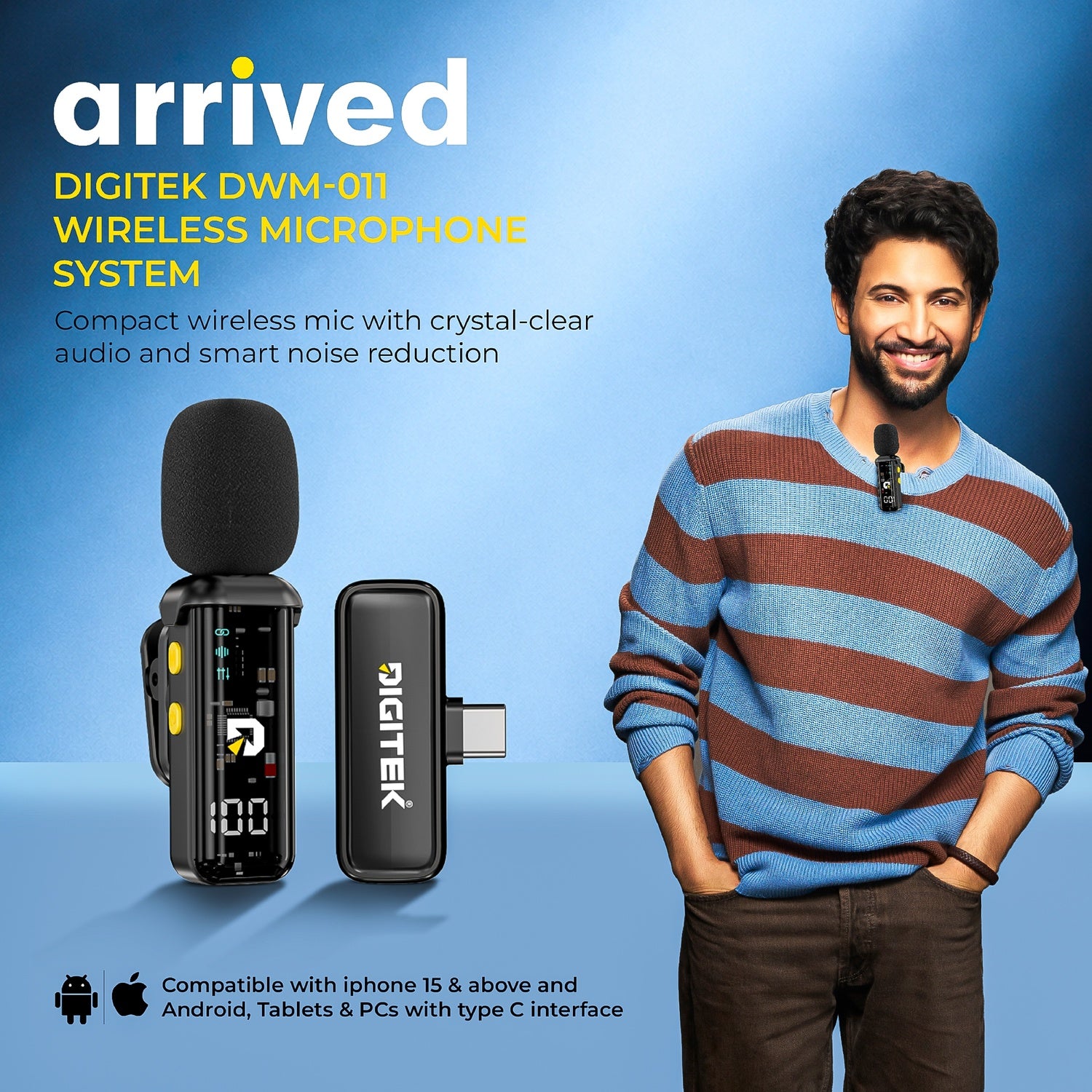 Digitek DWM-011 Wireless Microphone System for iPhone 15 Series & USB-C Android Devices, 2.4GHz Plug & Play Lavalier Mic, Noise Reduction, Echo Mode, 20m Range, 4H Battery Life, Type-C Receiver