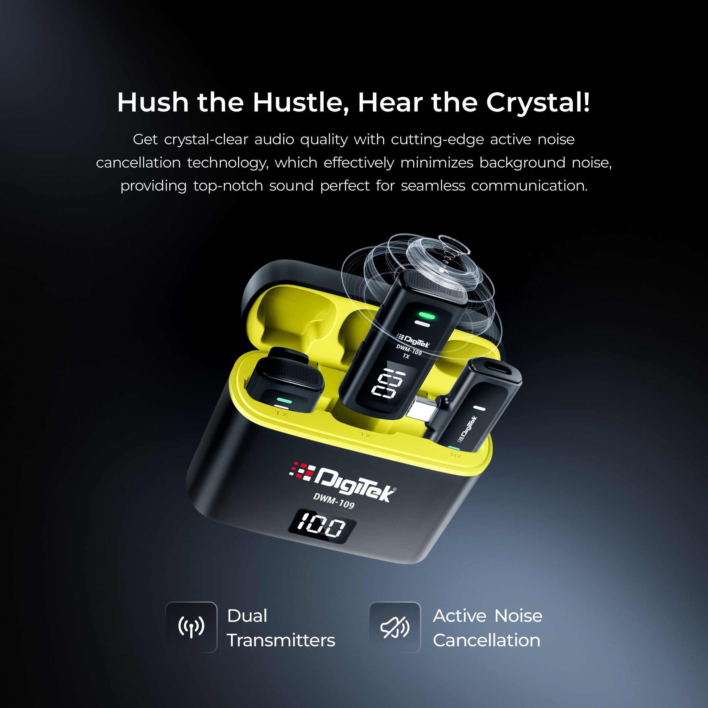 Digitek® DWM-109 2-in-1 Wireless Microphone System, 50m Range, 7Hr Battery, Type-C to Lightning Converter, 2.4GHz, Noise Reduction, for Android & iPhone, Record Meeting, Interviews & More