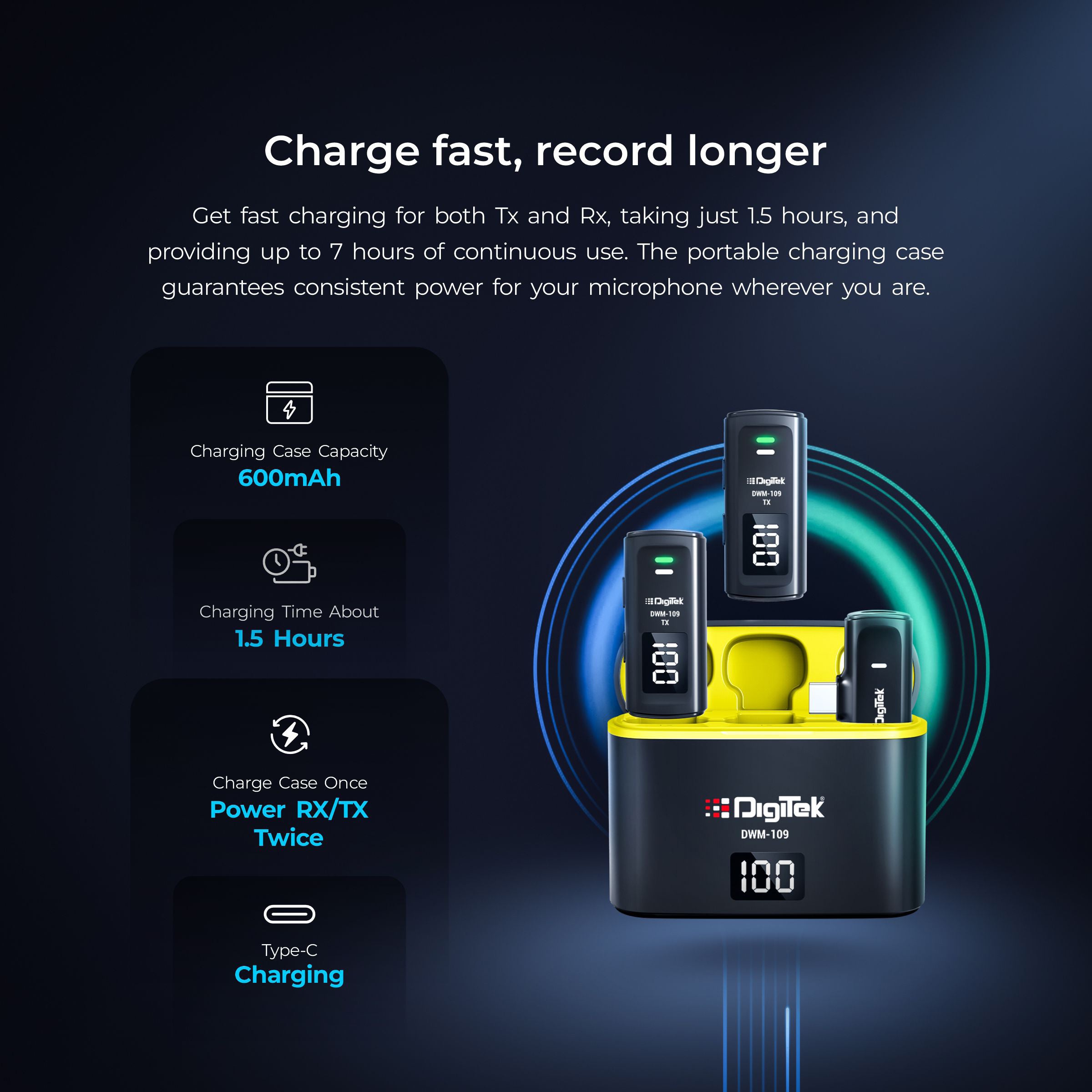 Digitek® DWM-109 2-in-1 Wireless Microphone System, 50m Range, 7Hr Battery, Type-C to Lightning Converter, 2.4GHz, Noise Reduction, for Android & iPhone, Record Meeting, Interviews & More